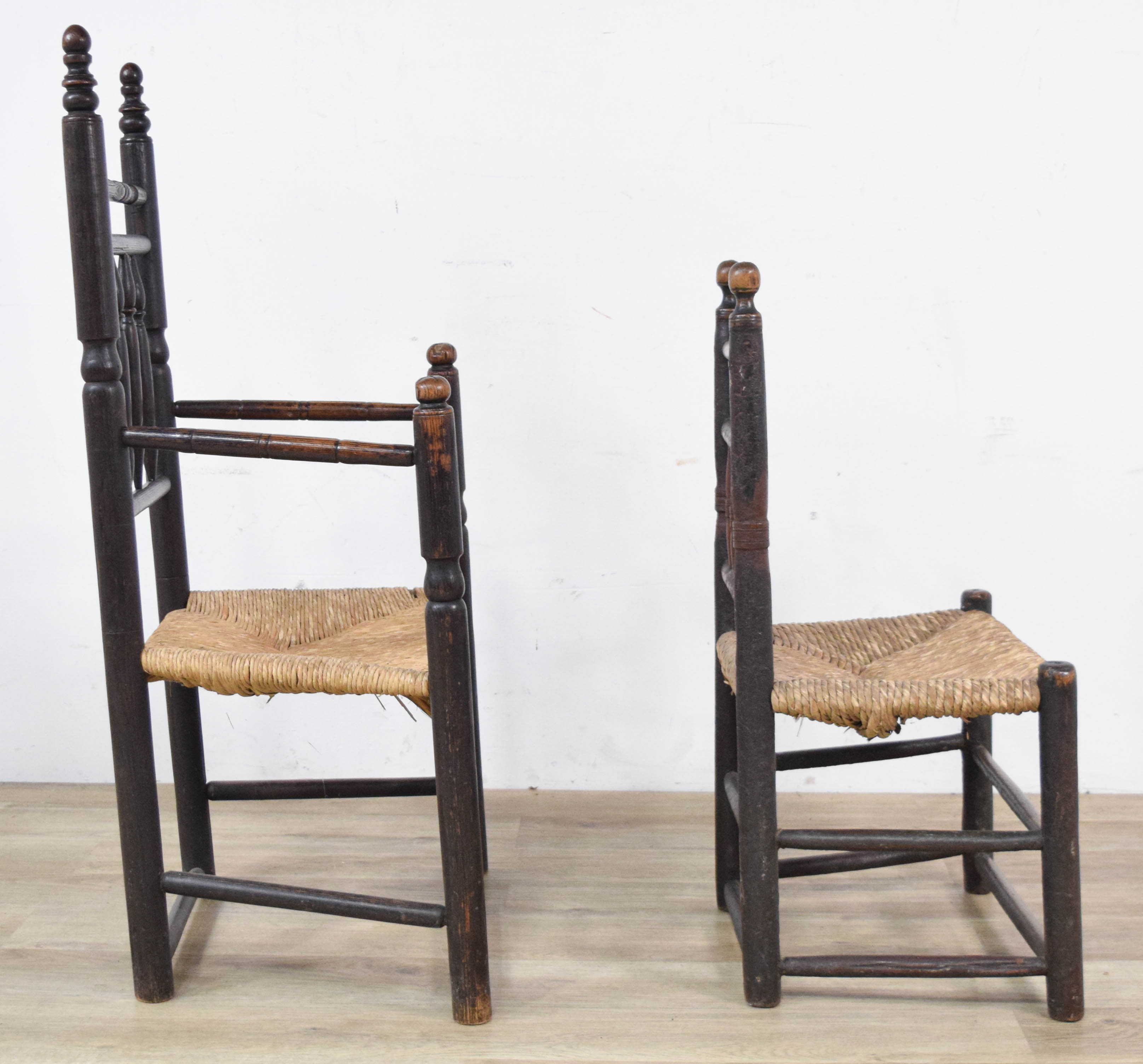 2 Early American Country Spindle-Back Chairs with Rush Seats