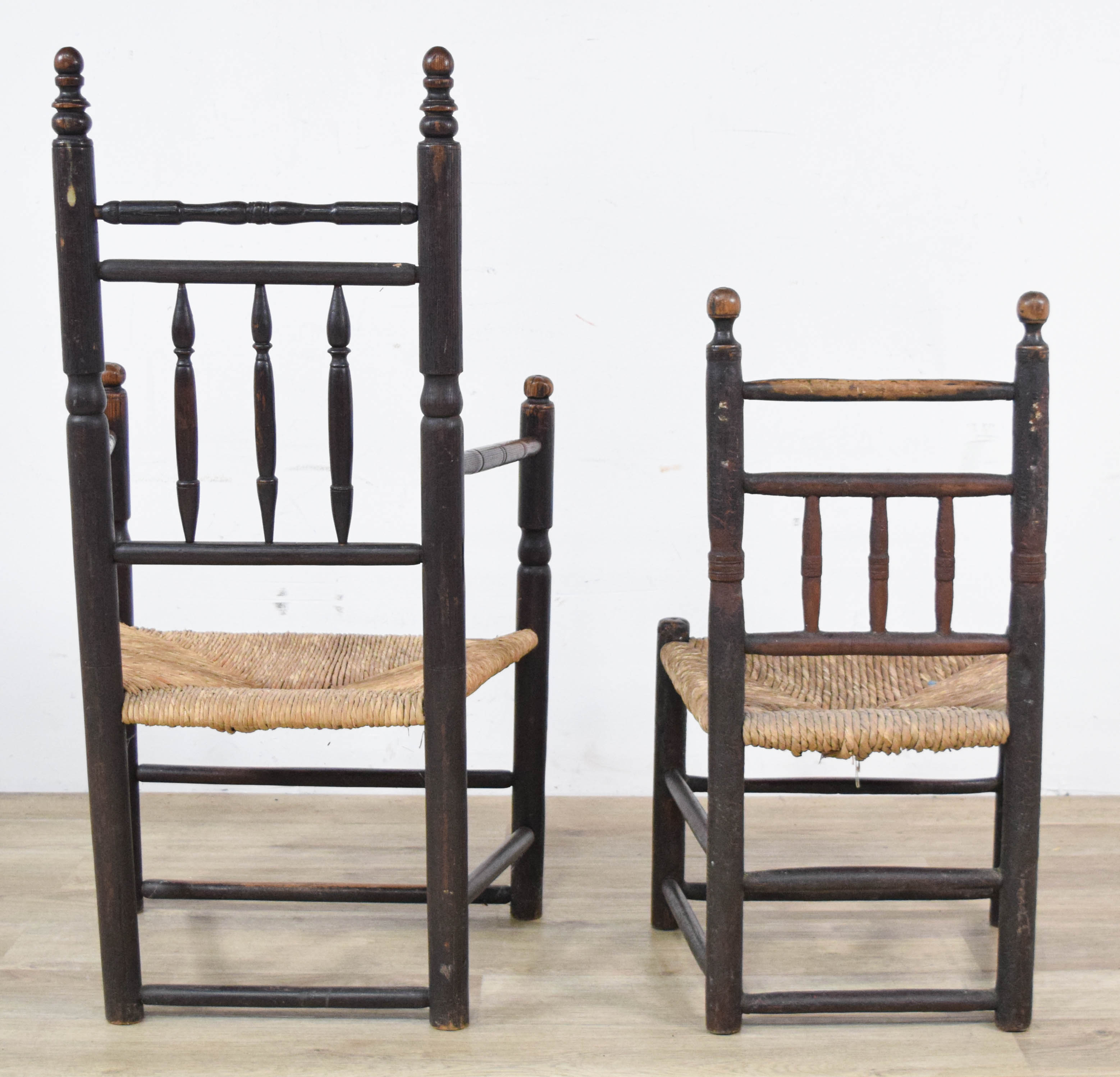 2 Early American Country Spindle-Back Chairs with Rush Seats