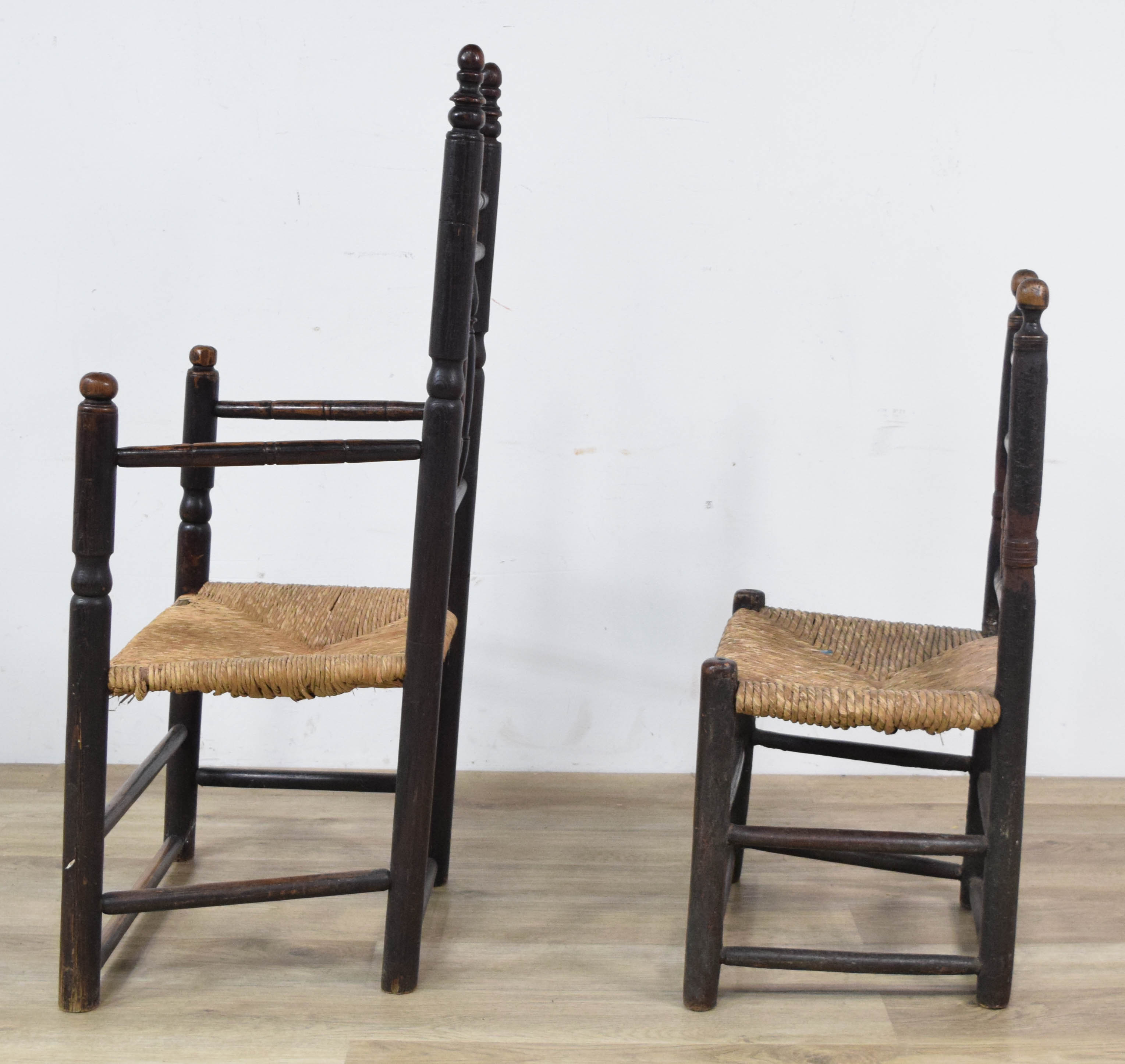 2 Early American Country Spindle-Back Chairs with Rush Seats