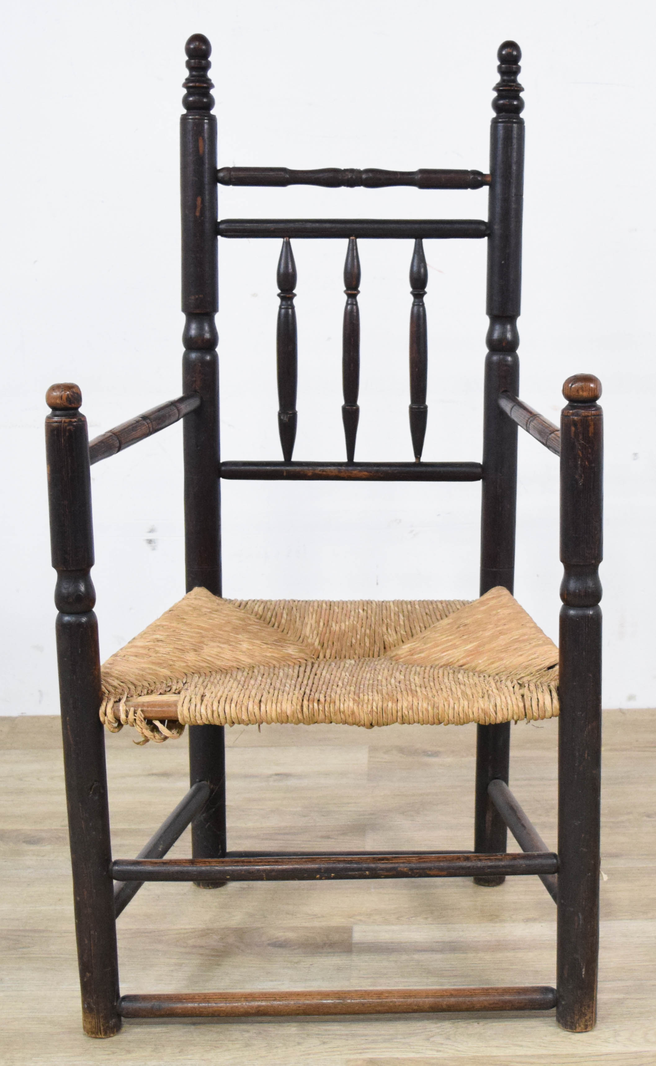 2 Early American Country Spindle-Back Chairs with Rush Seats