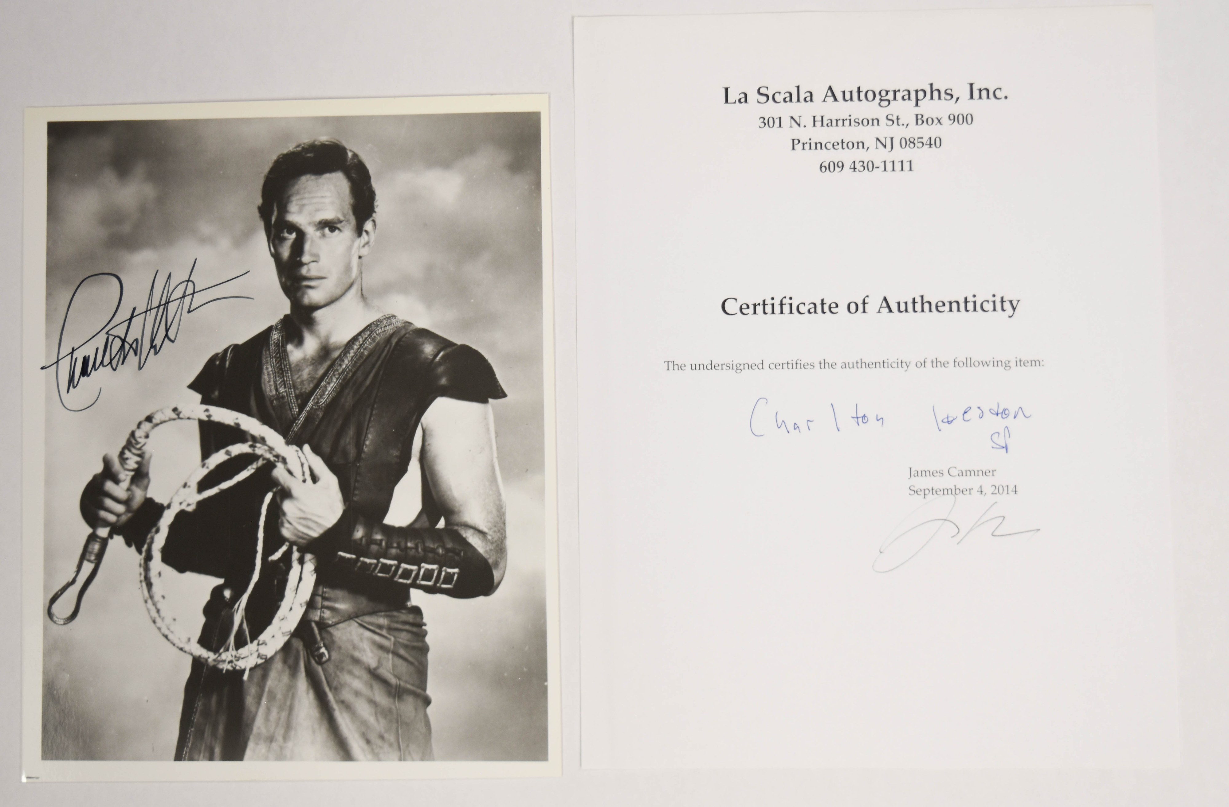 2 Charlton Heston Autographed Black and White Photographs