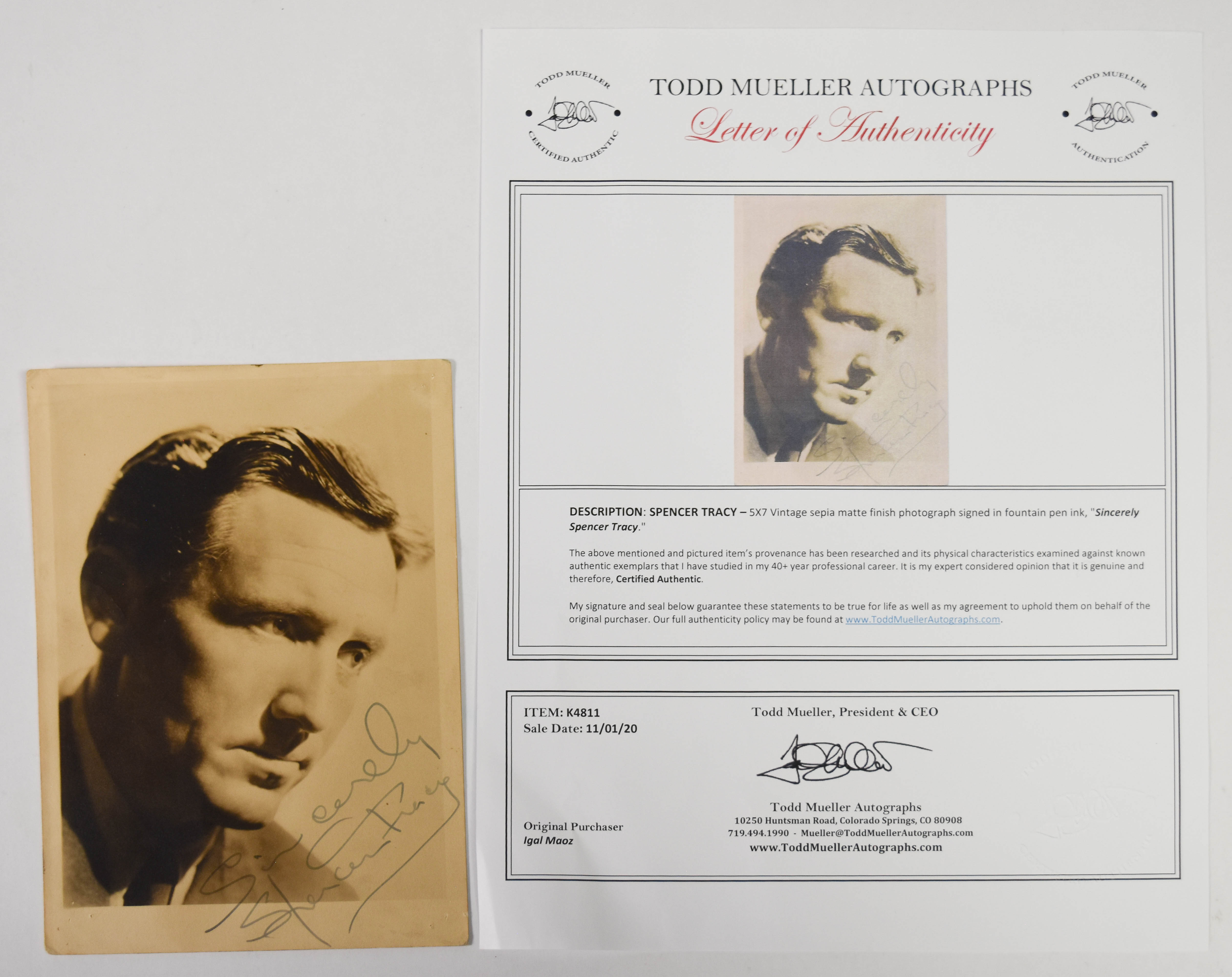 Spencer Tracy Signed Sepia Matte Finish Photograph