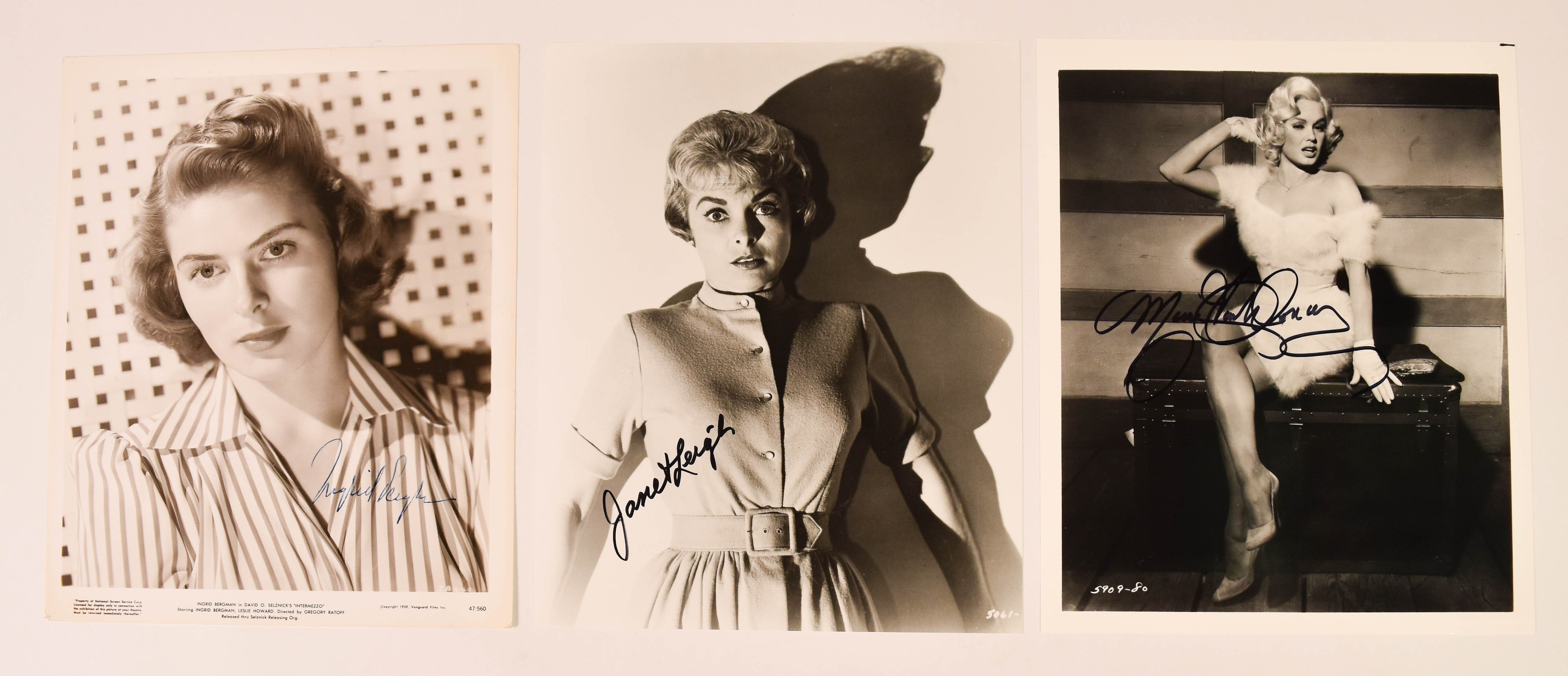 3 Ingrid Bergman Janet Leigh and Mamie Van Doren Signed Photographs