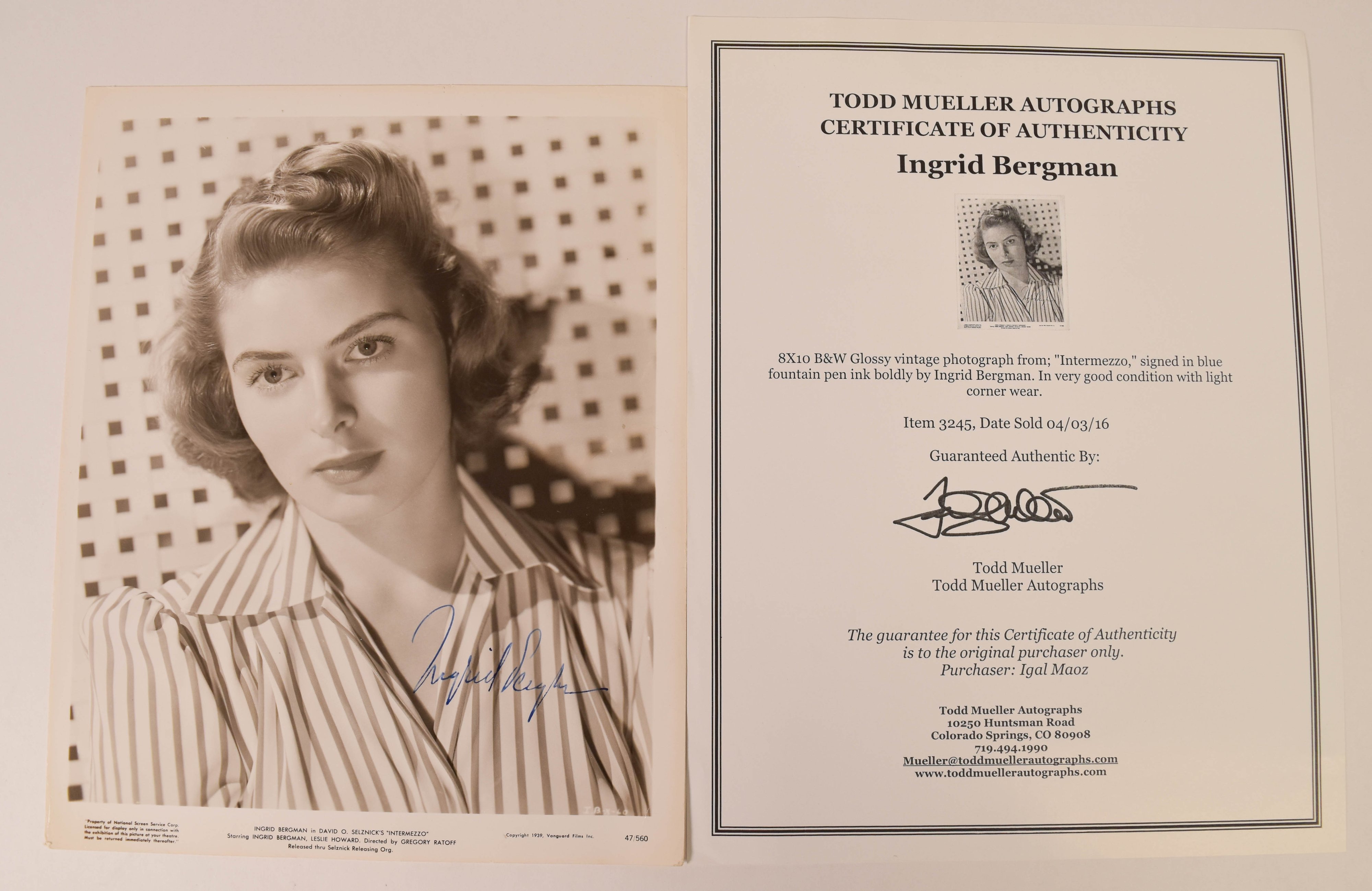 3 Ingrid Bergman Janet Leigh and Mamie Van Doren Signed Photographs