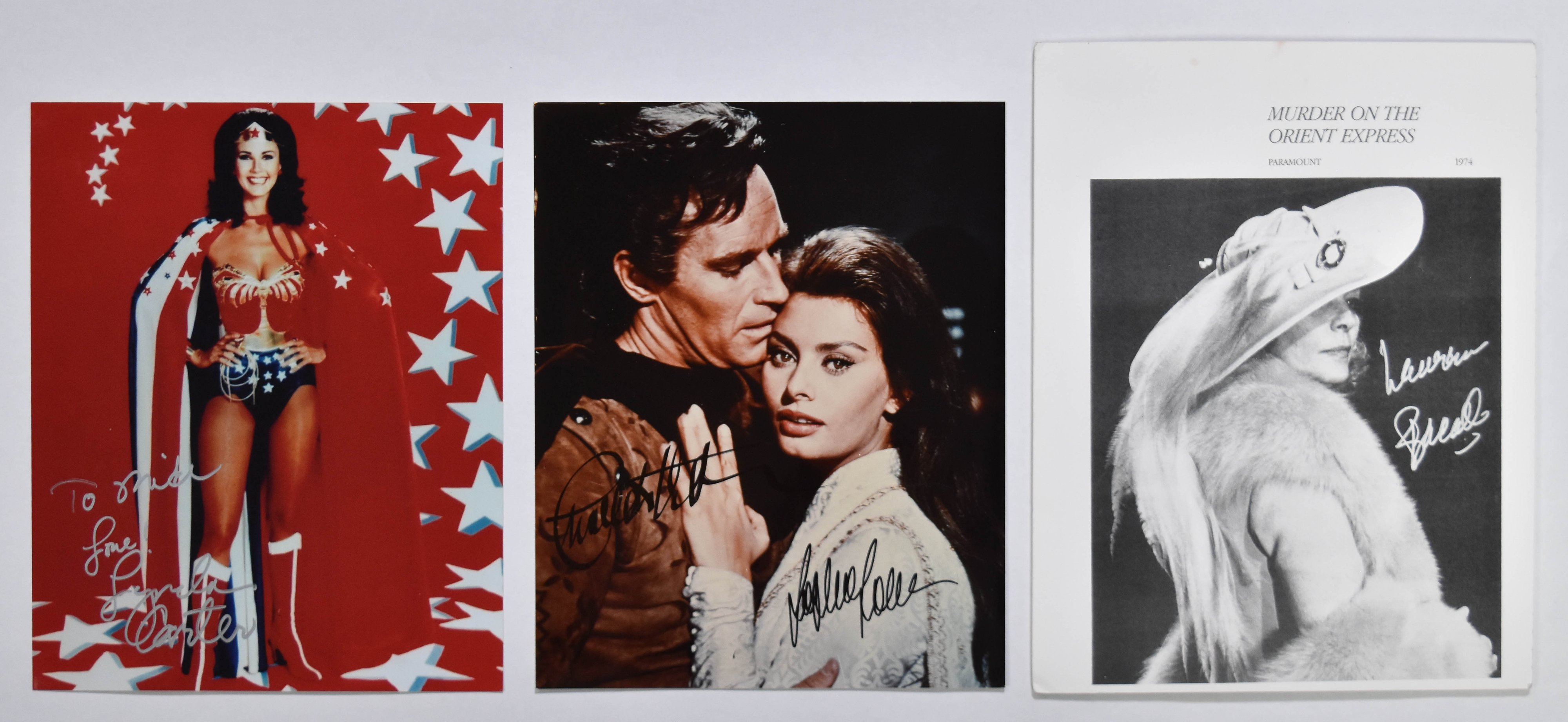 3 Lynda Carter Charlton Heston Sophia Loren and Lauren Bacall Autographed Photographs
