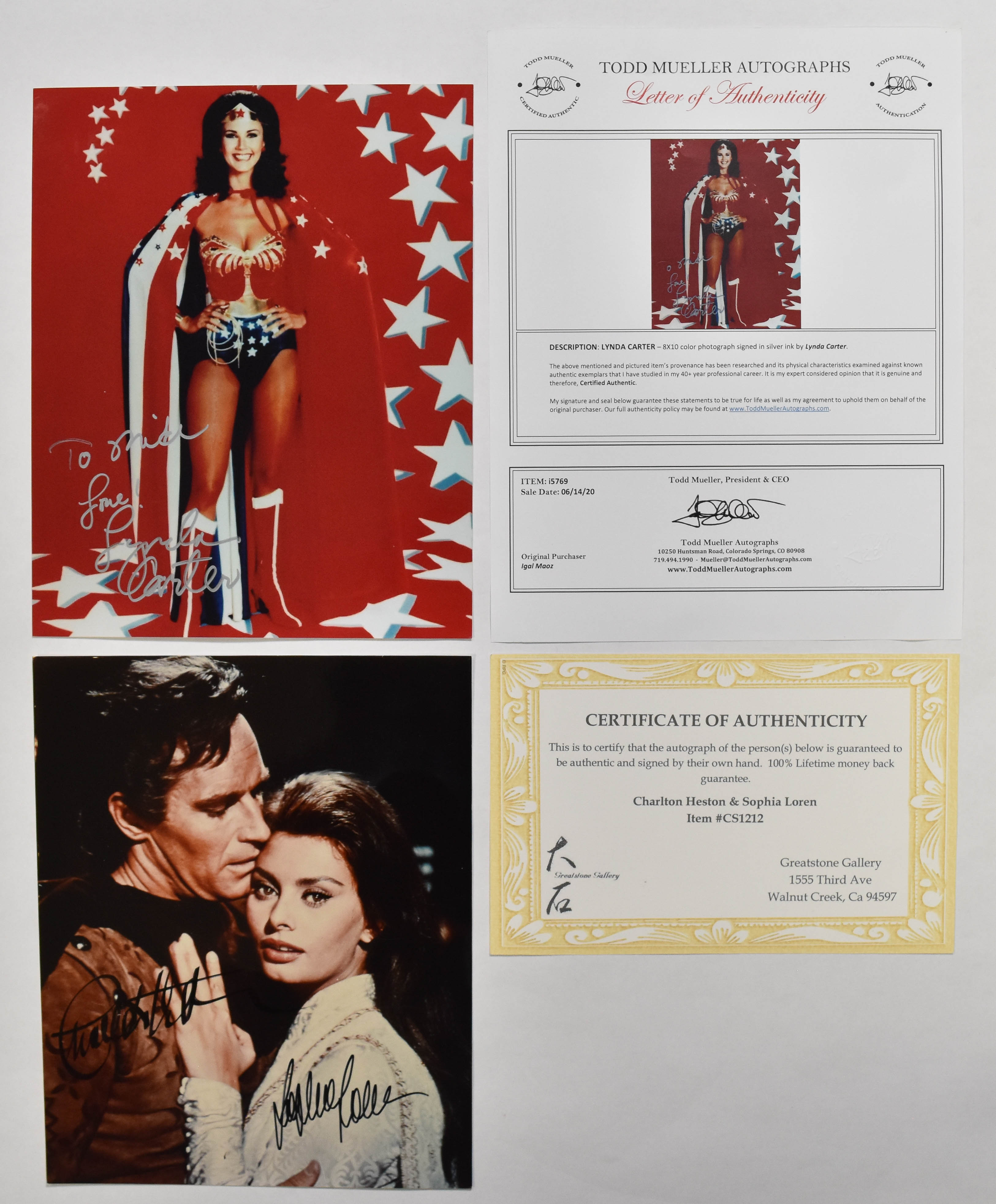 3 Lynda Carter Charlton Heston Sophia Loren and Lauren Bacall Autographed Photographs