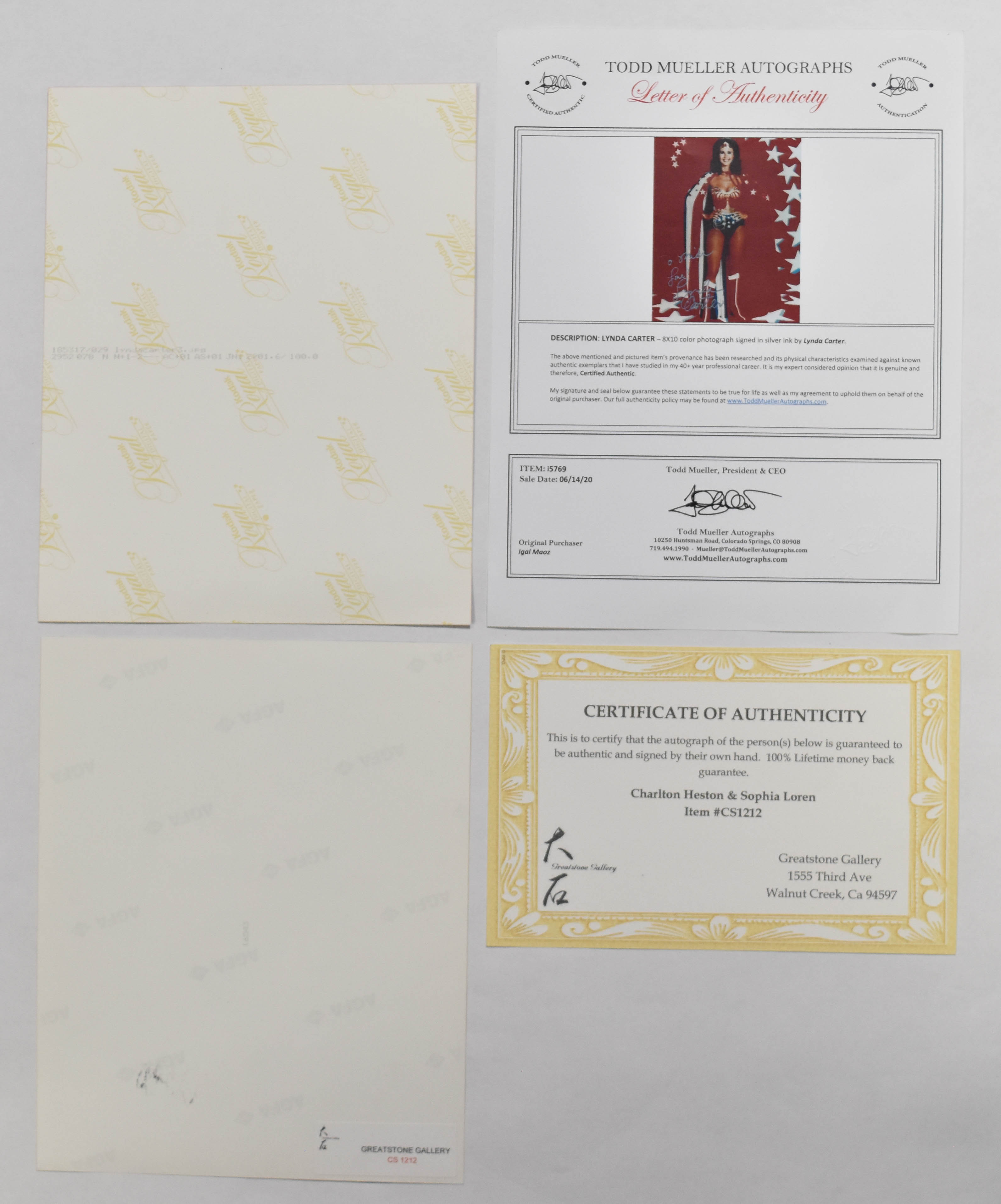 3 Lynda Carter Charlton Heston Sophia Loren and Lauren Bacall Autographed Photographs