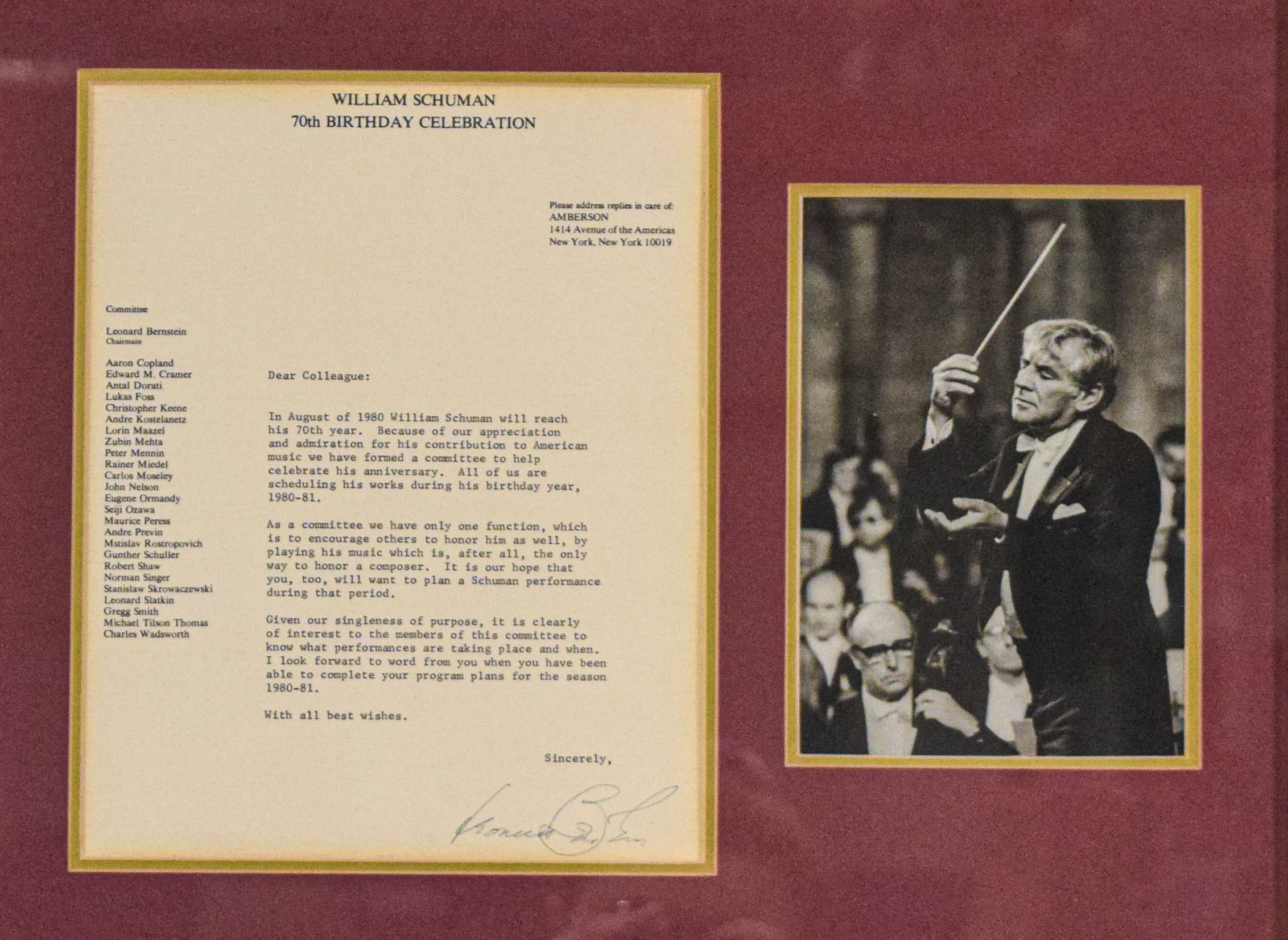 Leonard Bernstein Signed Letter and Photograph William Schuman Celebration