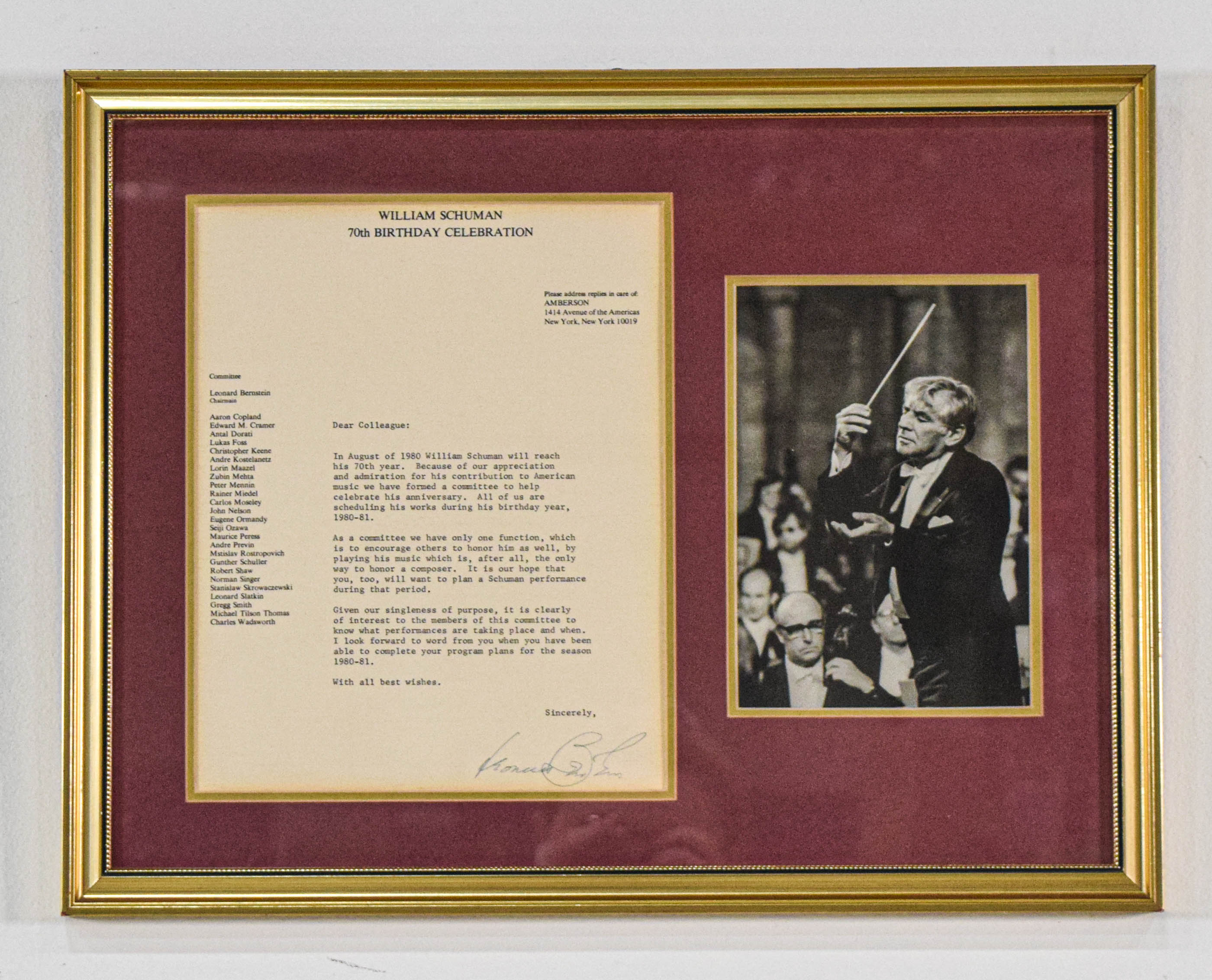 Leonard Bernstein Signed Letter and Photograph William Schuman Celebration