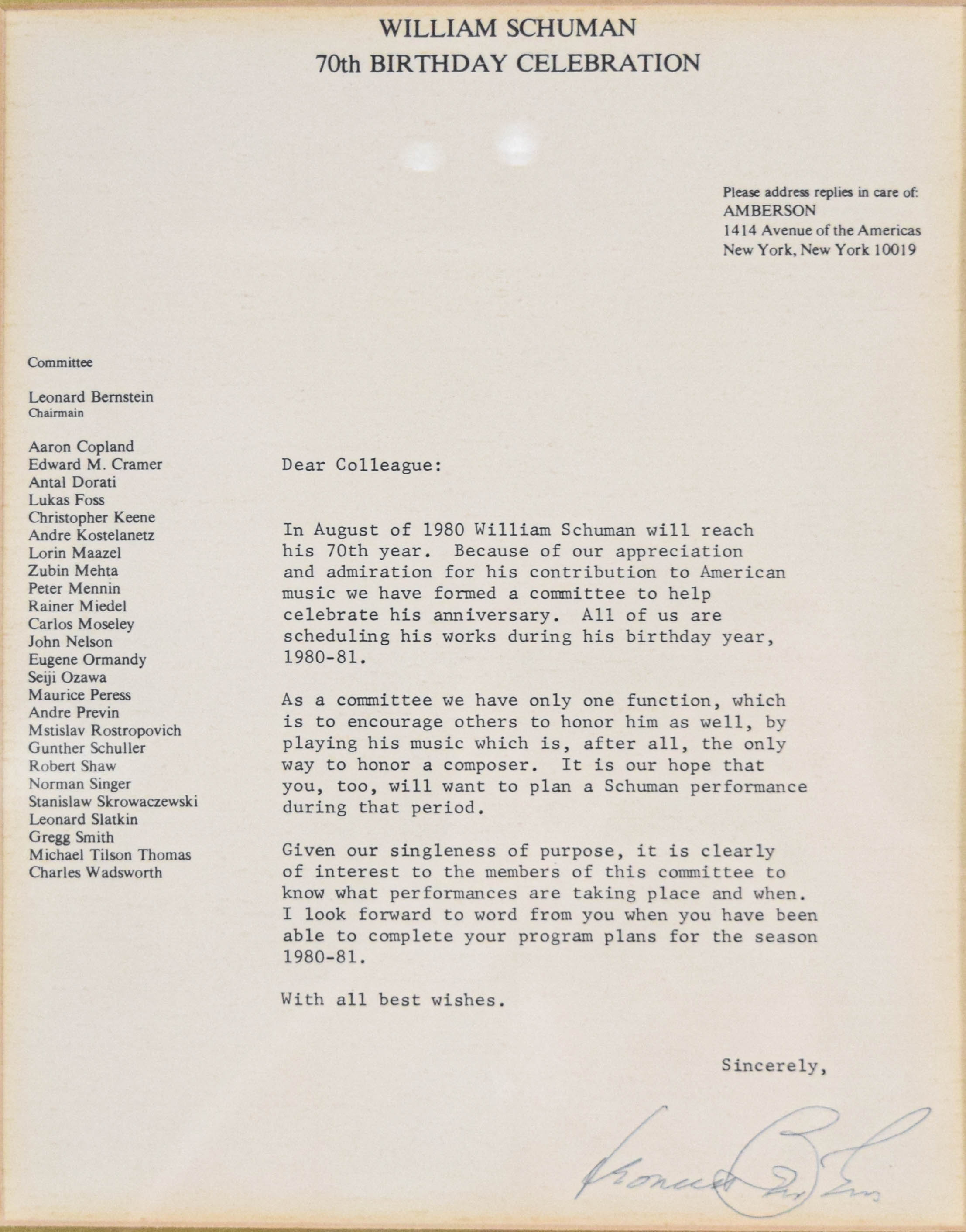 Leonard Bernstein Signed Letter and Photograph William Schuman Celebration