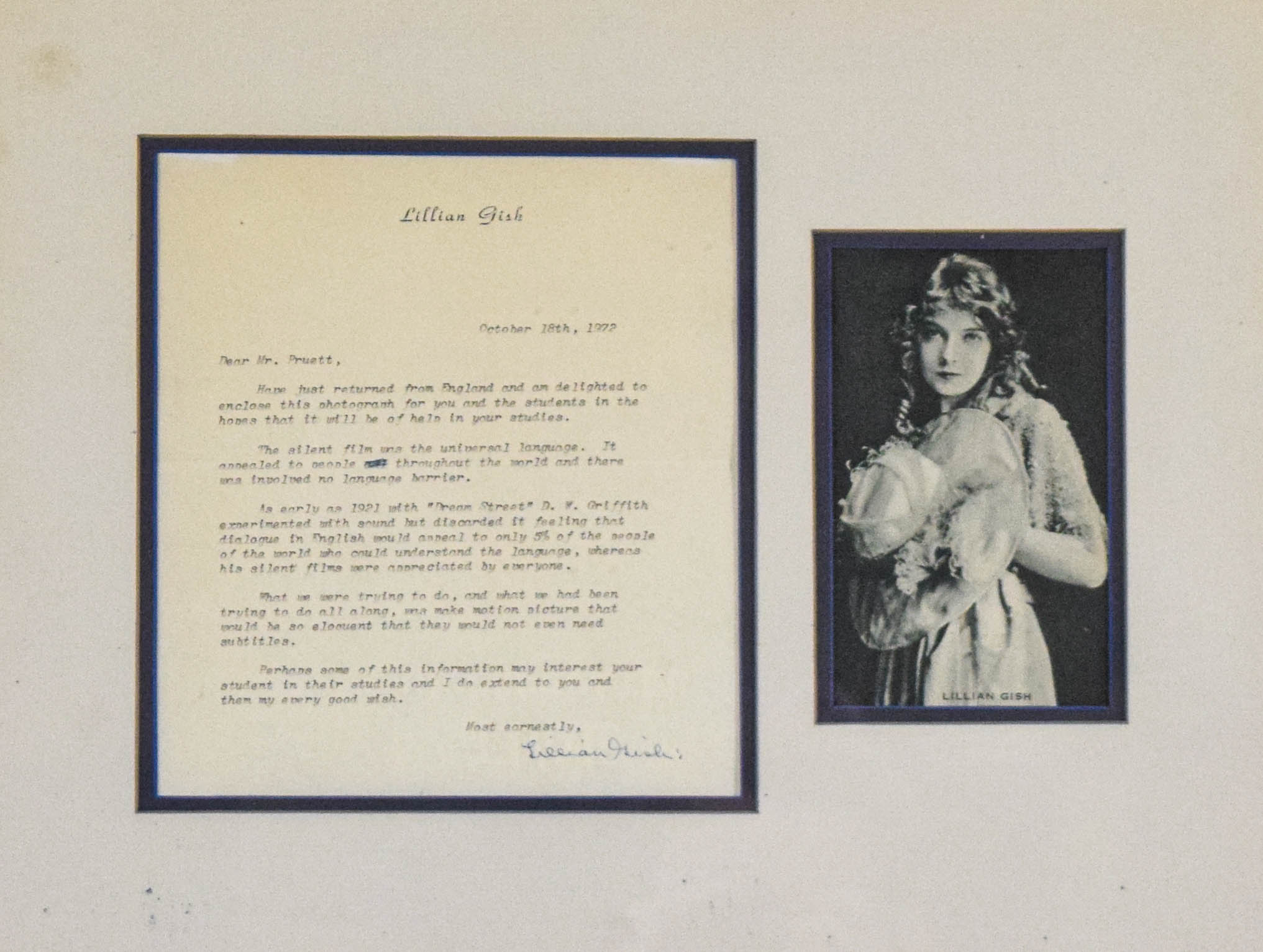 Lillian Gish Framed Typed Letter Signed and Photograph Display
