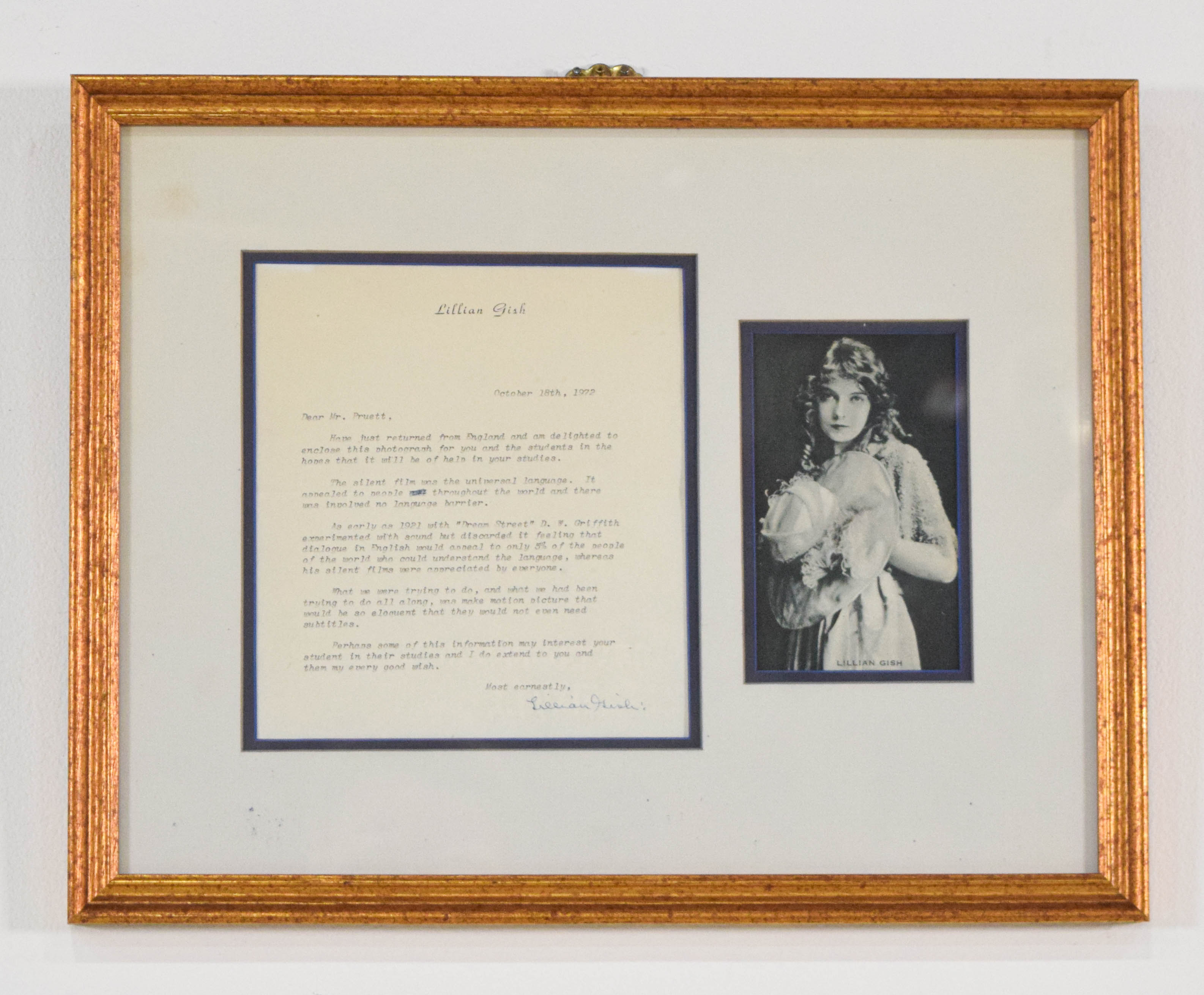 Lillian Gish Framed Typed Letter Signed and Photograph Display