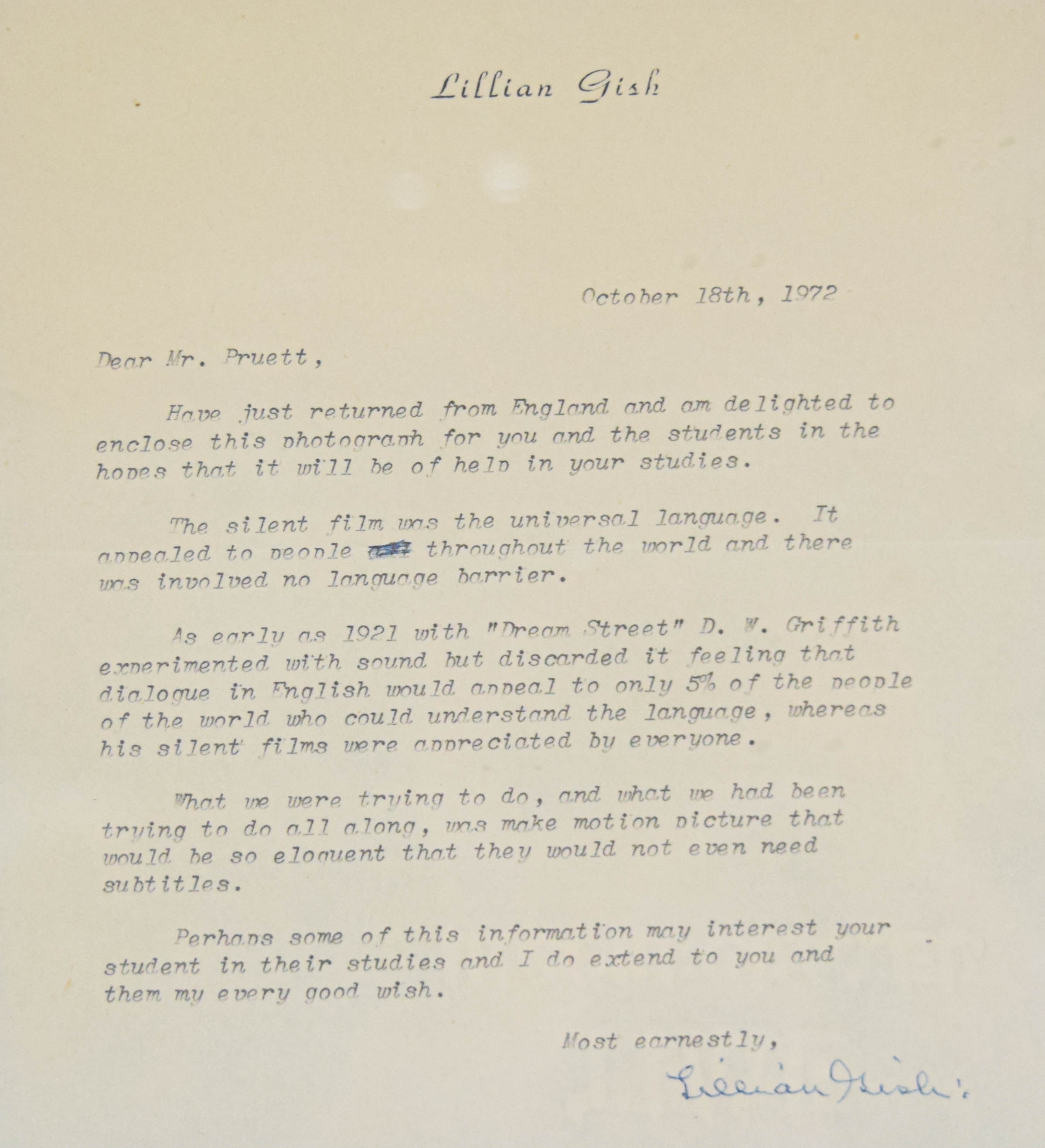 Lillian Gish Framed Typed Letter Signed and Photograph Display