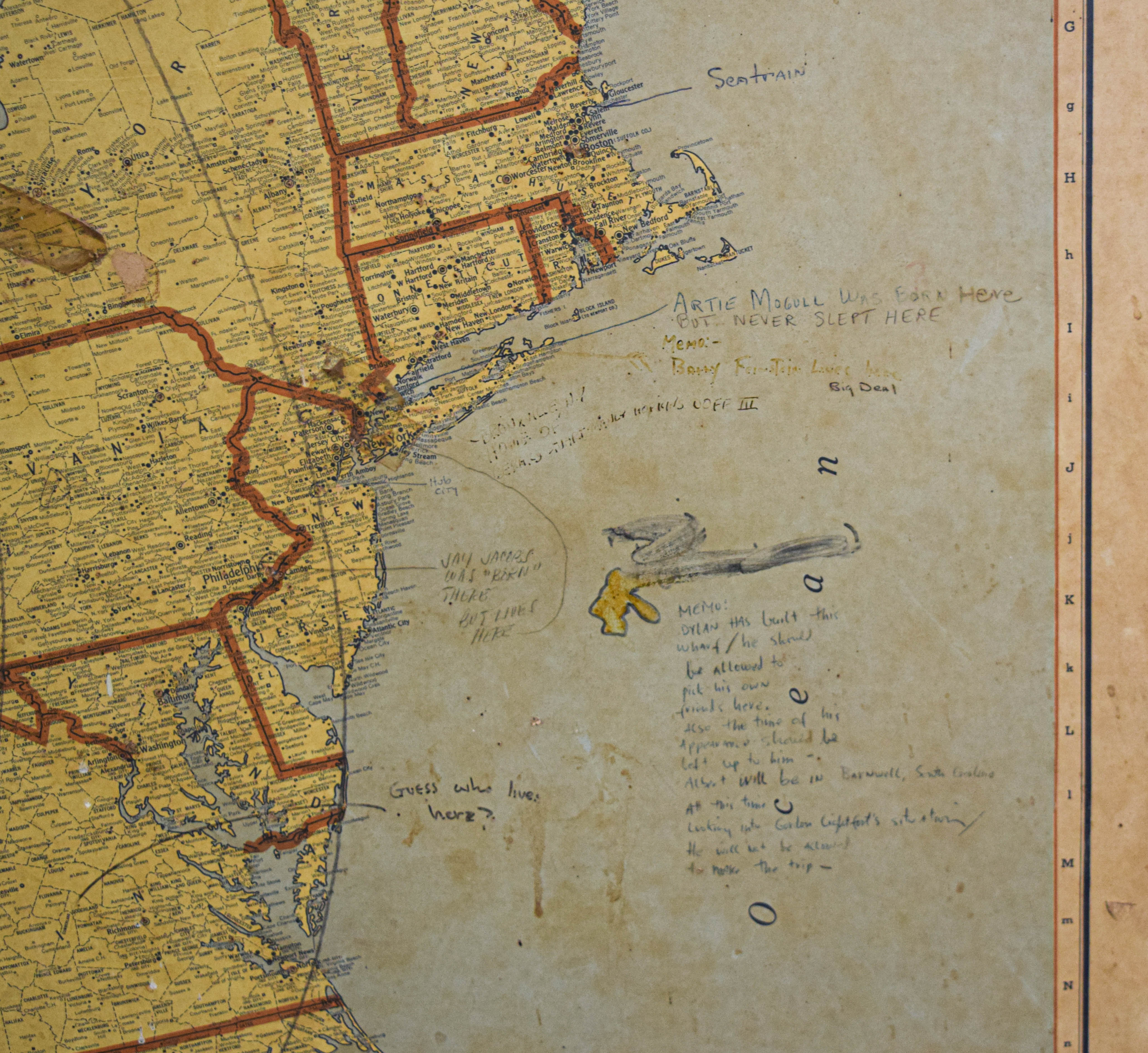 Rand McNally Map with Albert Grossman and Bob Dylan Annotations