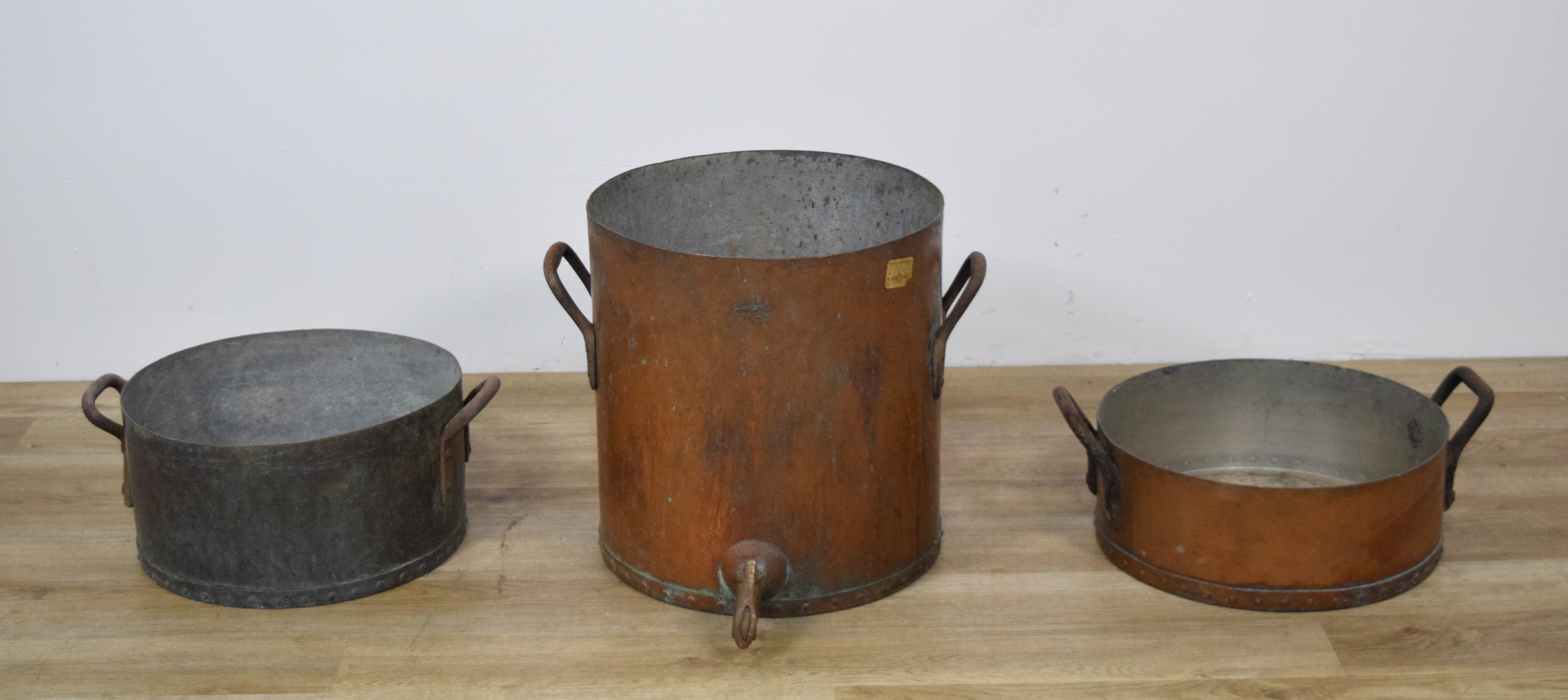 3 Large Industrial Copper Cooking Vessels by A. Cooper Copper Works and Wrought Iron Range Co.