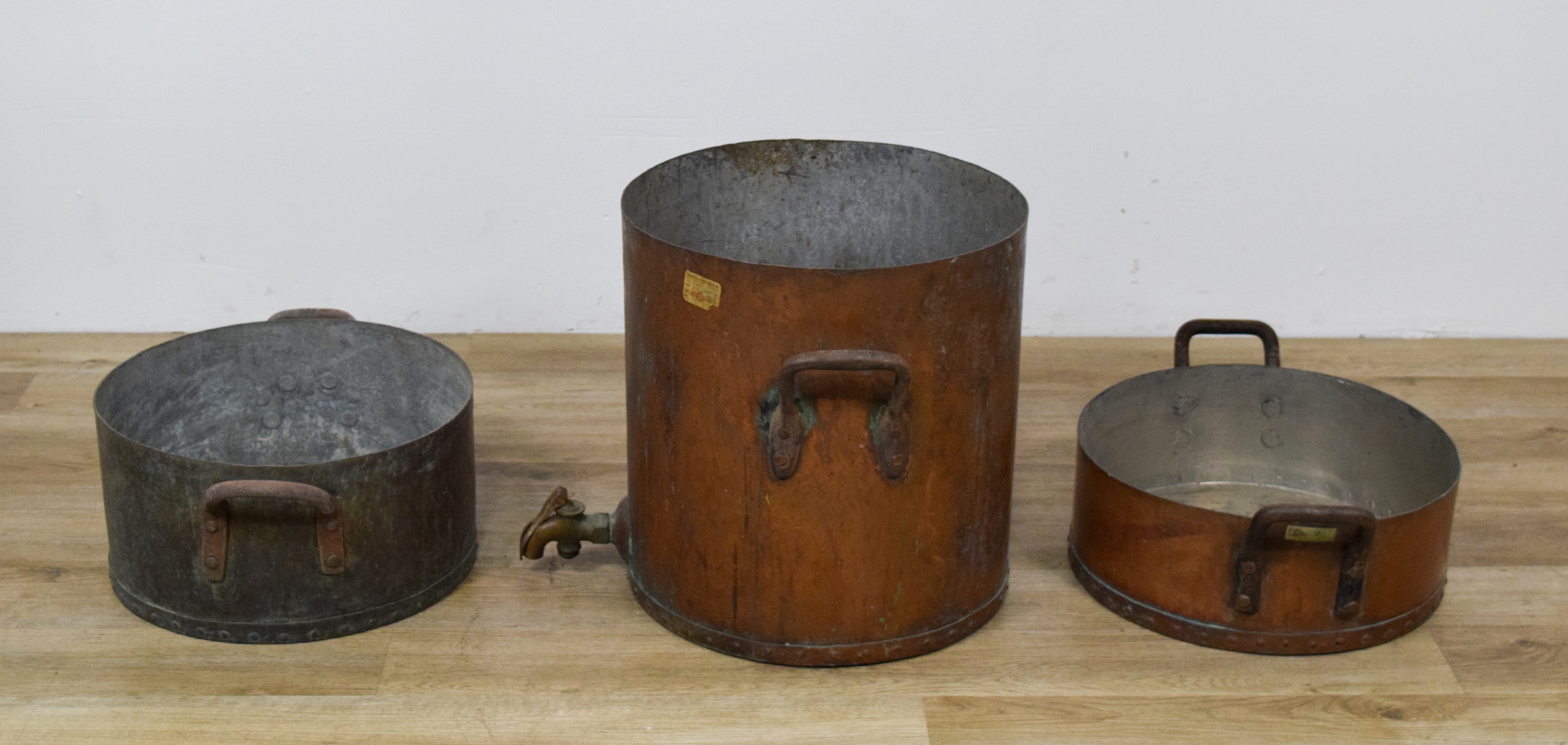 3 Large Industrial Copper Cooking Vessels by A. Cooper Copper Works and Wrought Iron Range Co.