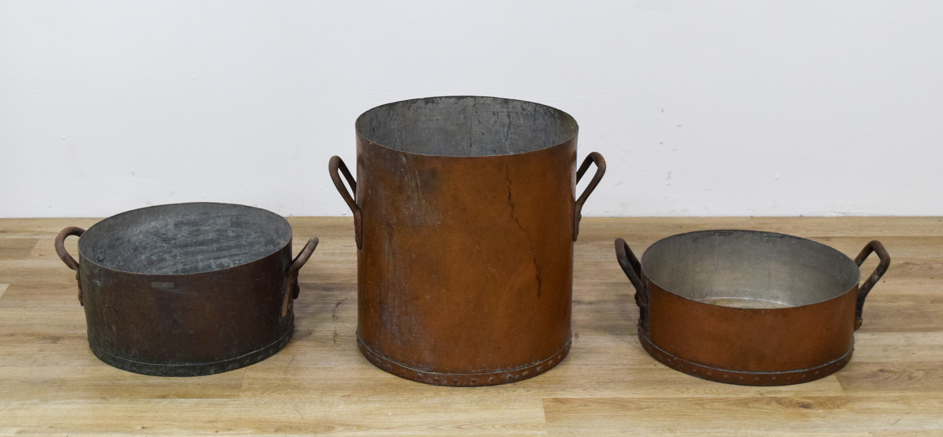3 Large Industrial Copper Cooking Vessels by A. Cooper Copper Works and Wrought Iron Range Co.