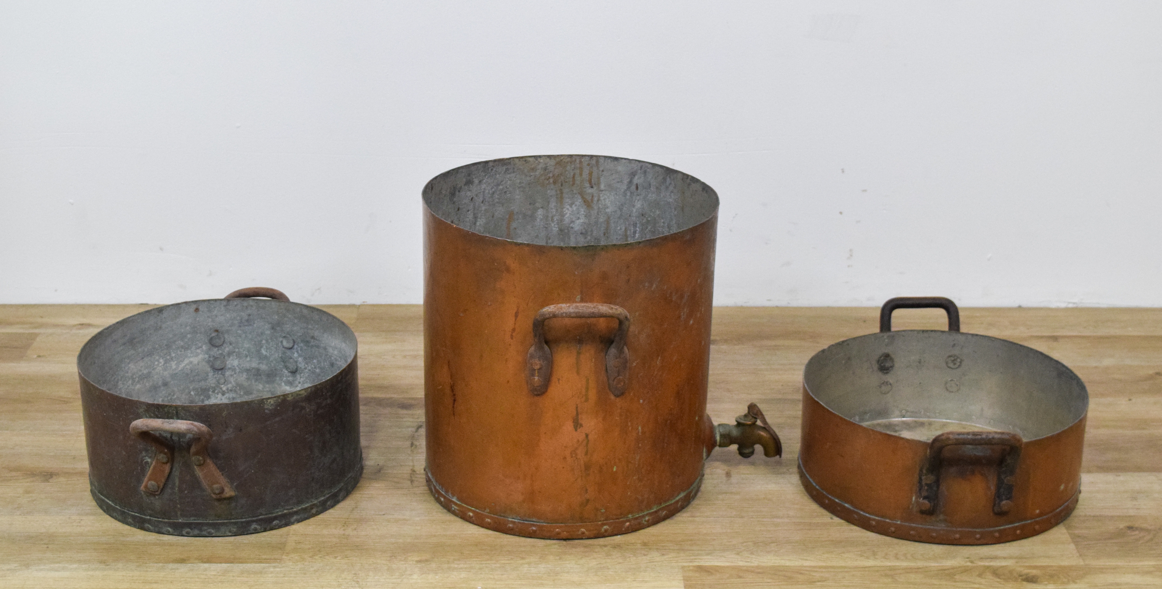 3 Large Industrial Copper Cooking Vessels by A. Cooper Copper Works and Wrought Iron Range Co.