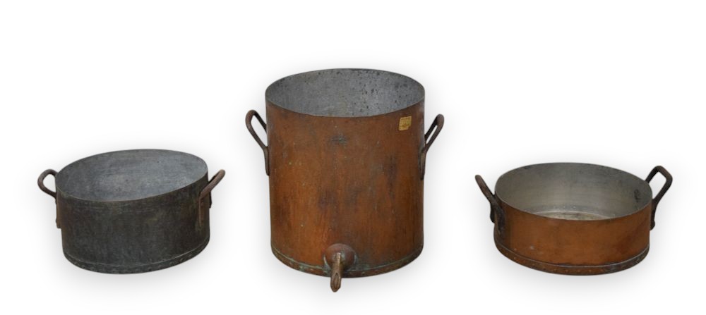 3 Large Industrial Copper Cooking Vessels by A. Cooper Copper Works and Wrought Iron Range Co.