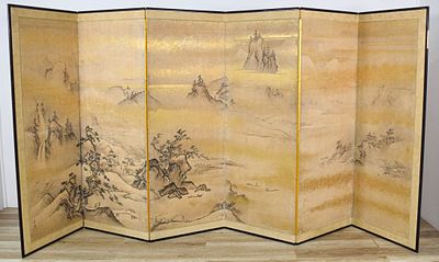 Signed Shoso Ink and Pigment on Paper 6 Panel Folding Screen. Japanese six-panel folding screen 
