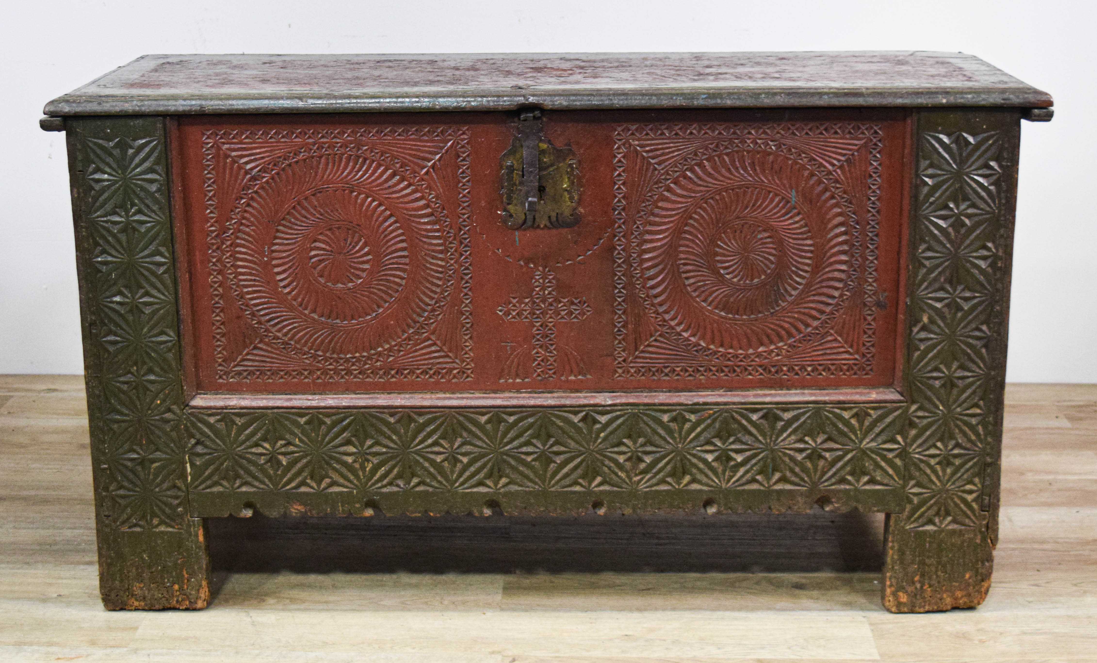 Early Chip Carved Polychrome Painted Wood Folk Art Dower Chest