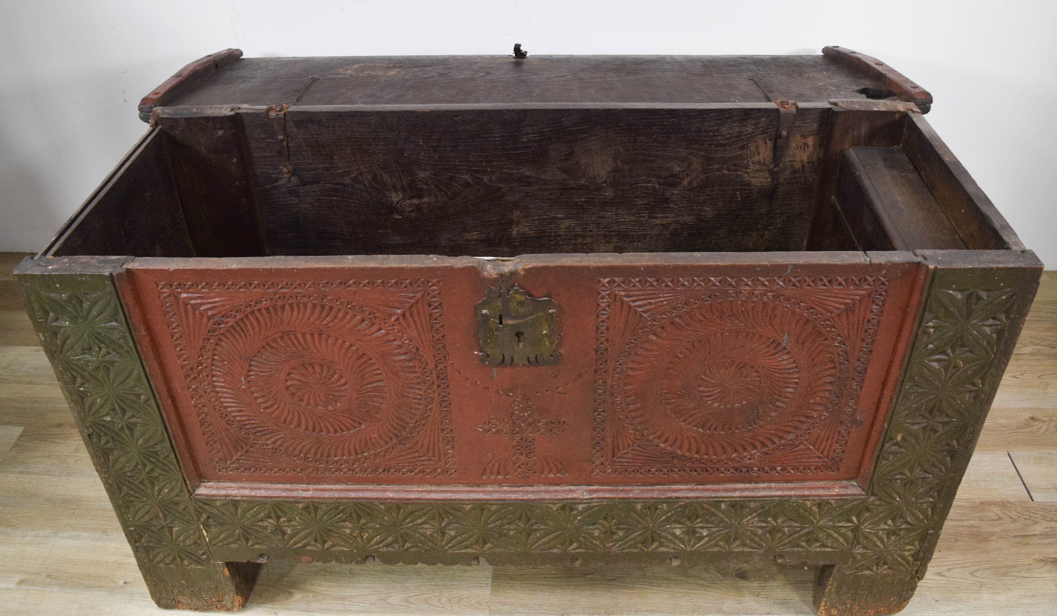 Early Chip Carved Polychrome Painted Wood Folk Art Dower Chest