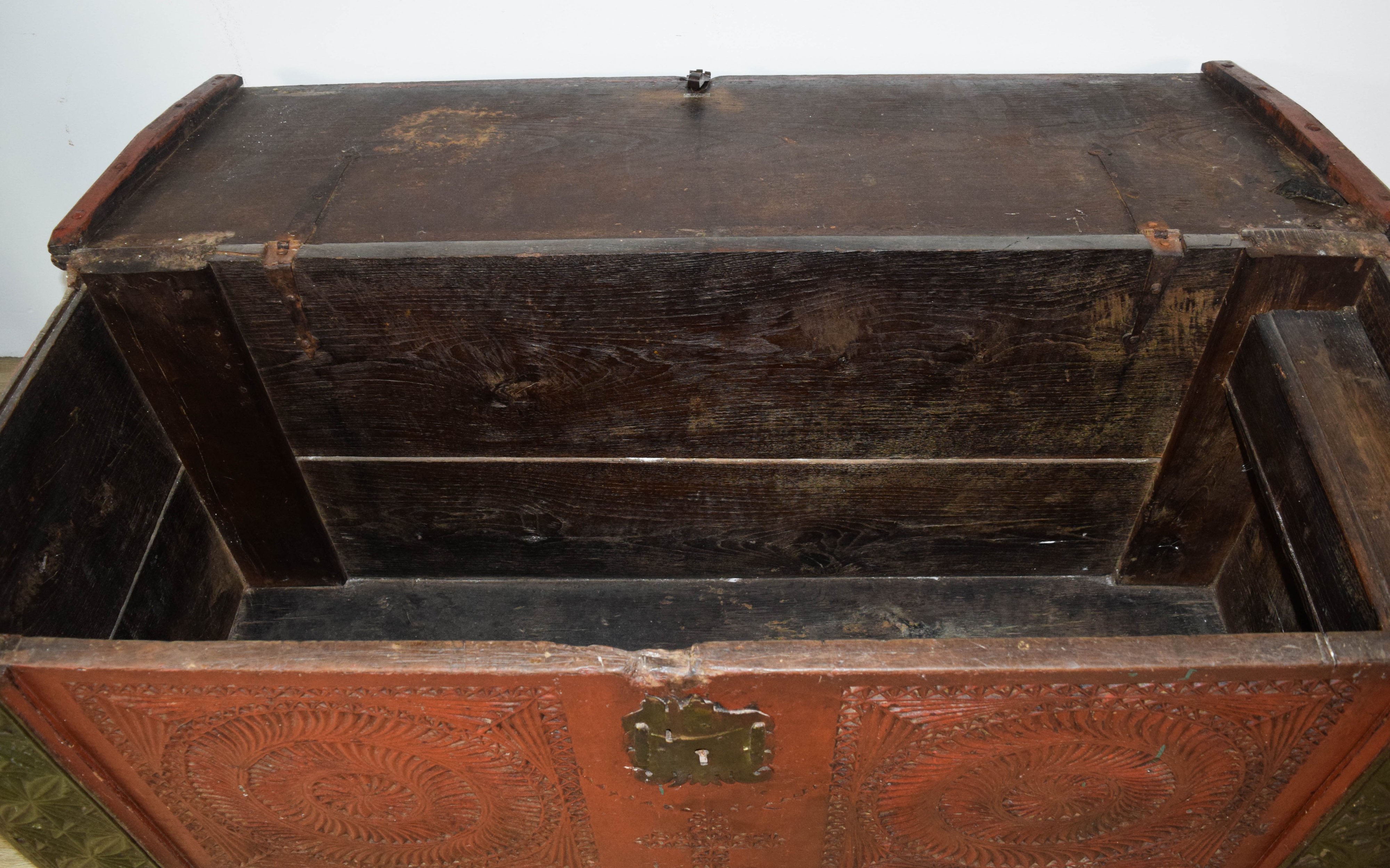 Early Chip Carved Polychrome Painted Wood Folk Art Dower Chest