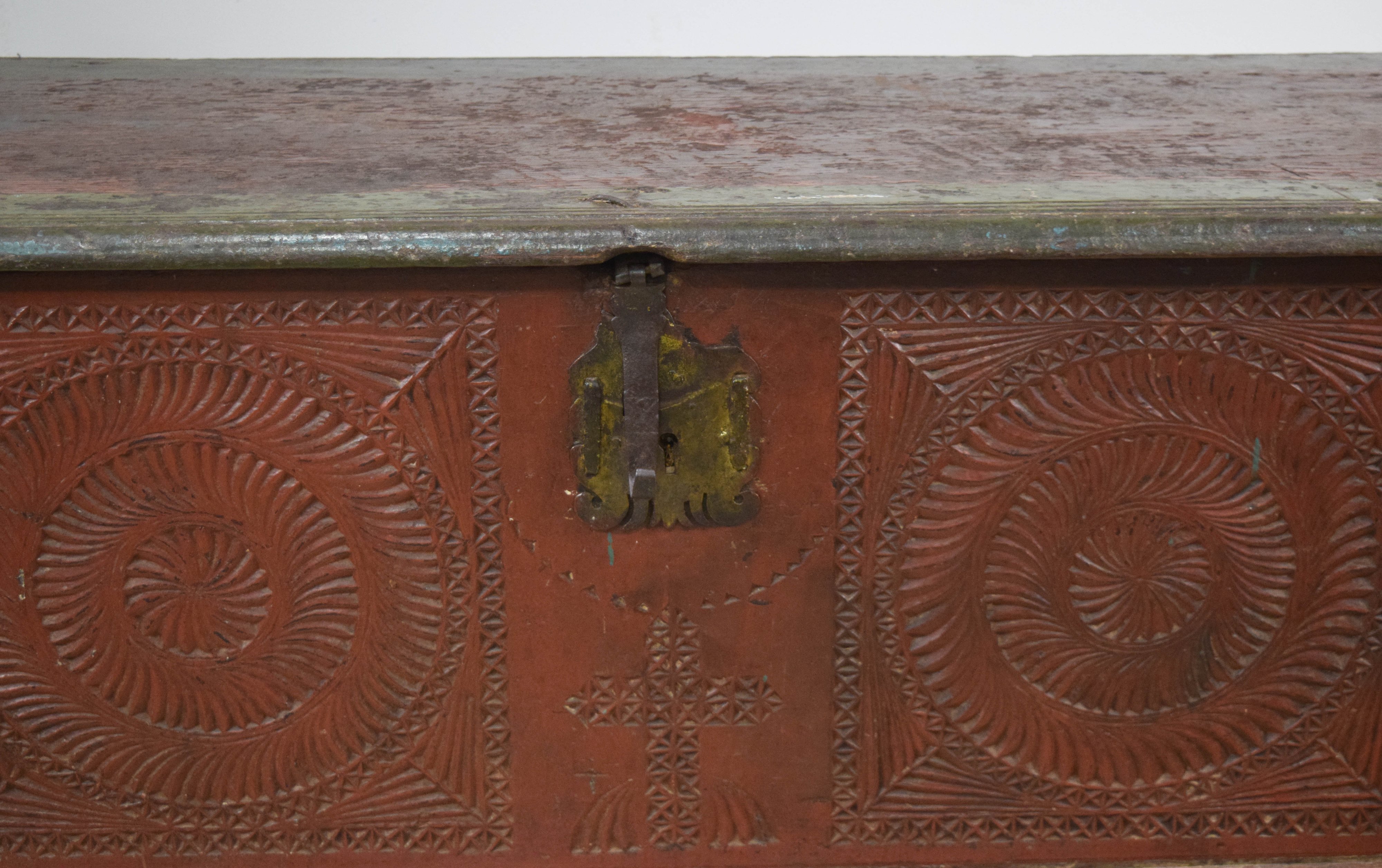 Early Chip Carved Polychrome Painted Wood Folk Art Dower Chest