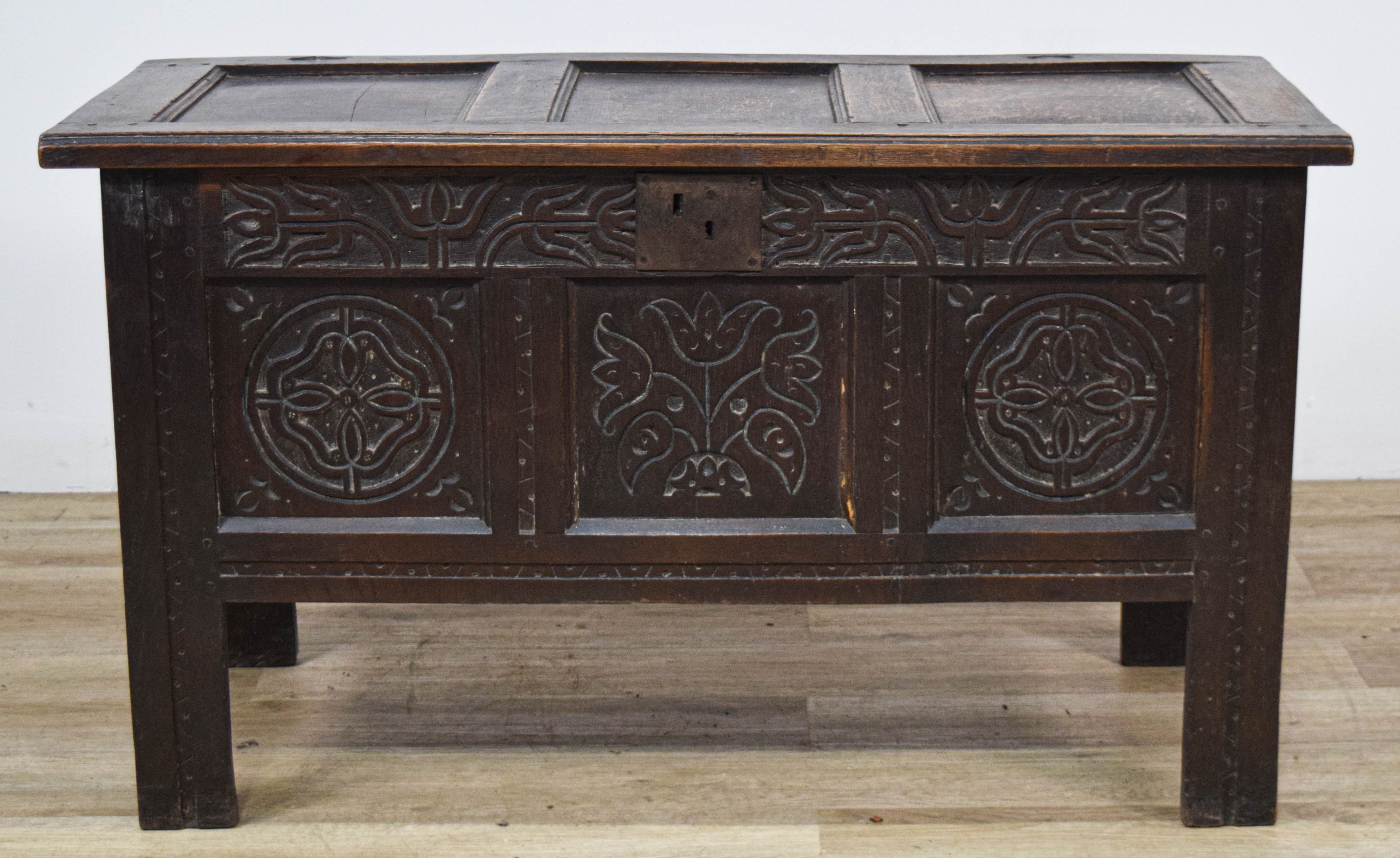 Jacobean Carved Oak Paneled Blanket Chest