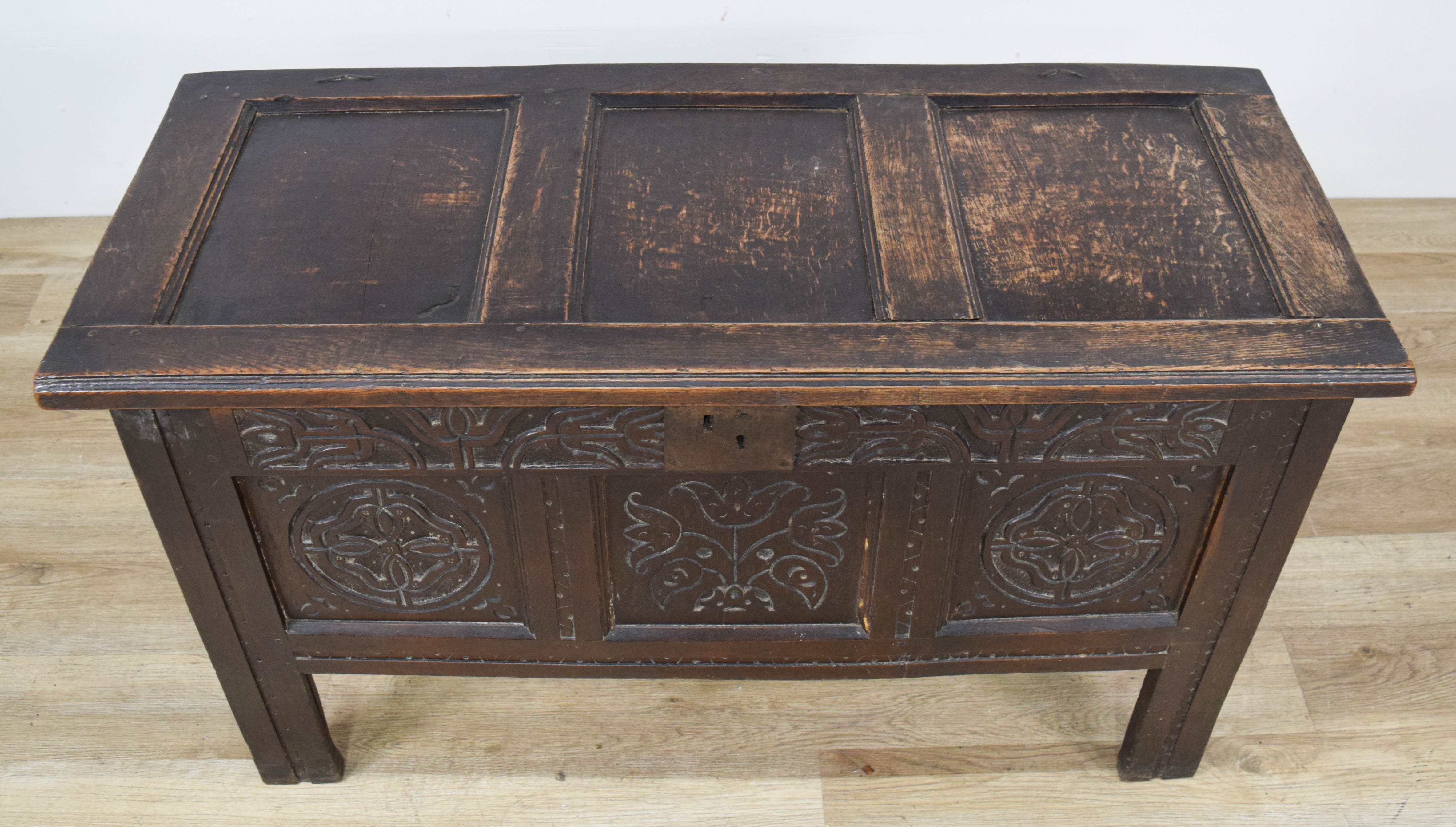 Jacobean Carved Oak Paneled Blanket Chest