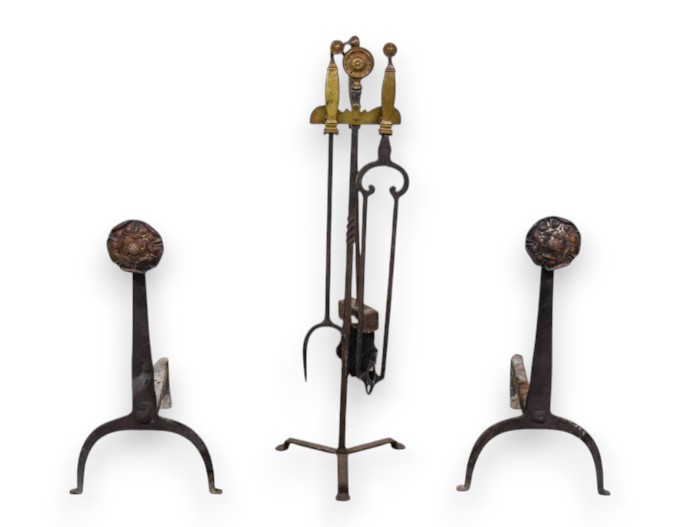 Arts and Crafts Wrought Iron and Brass Fireplace Accessories