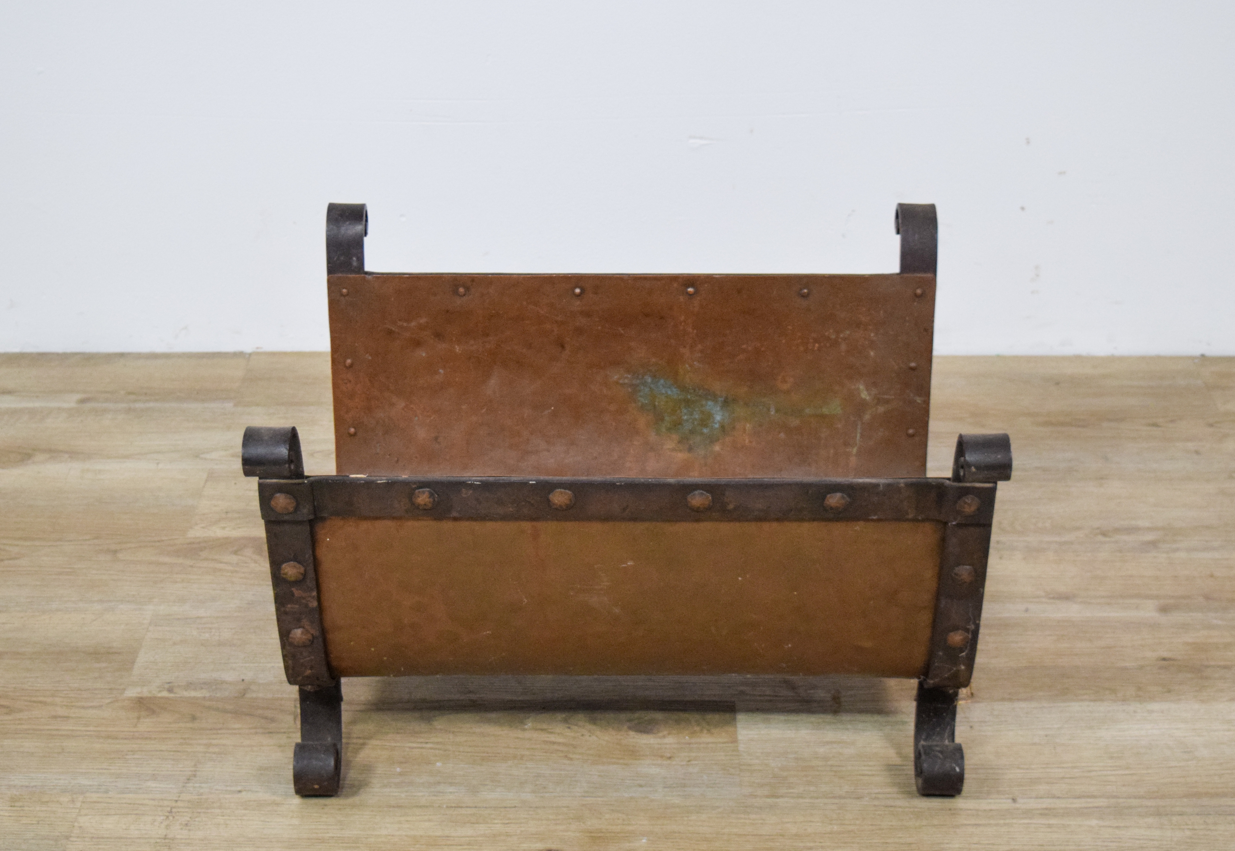 Arts & Crafts Hammered Copper and Wrought Iron Log Holder