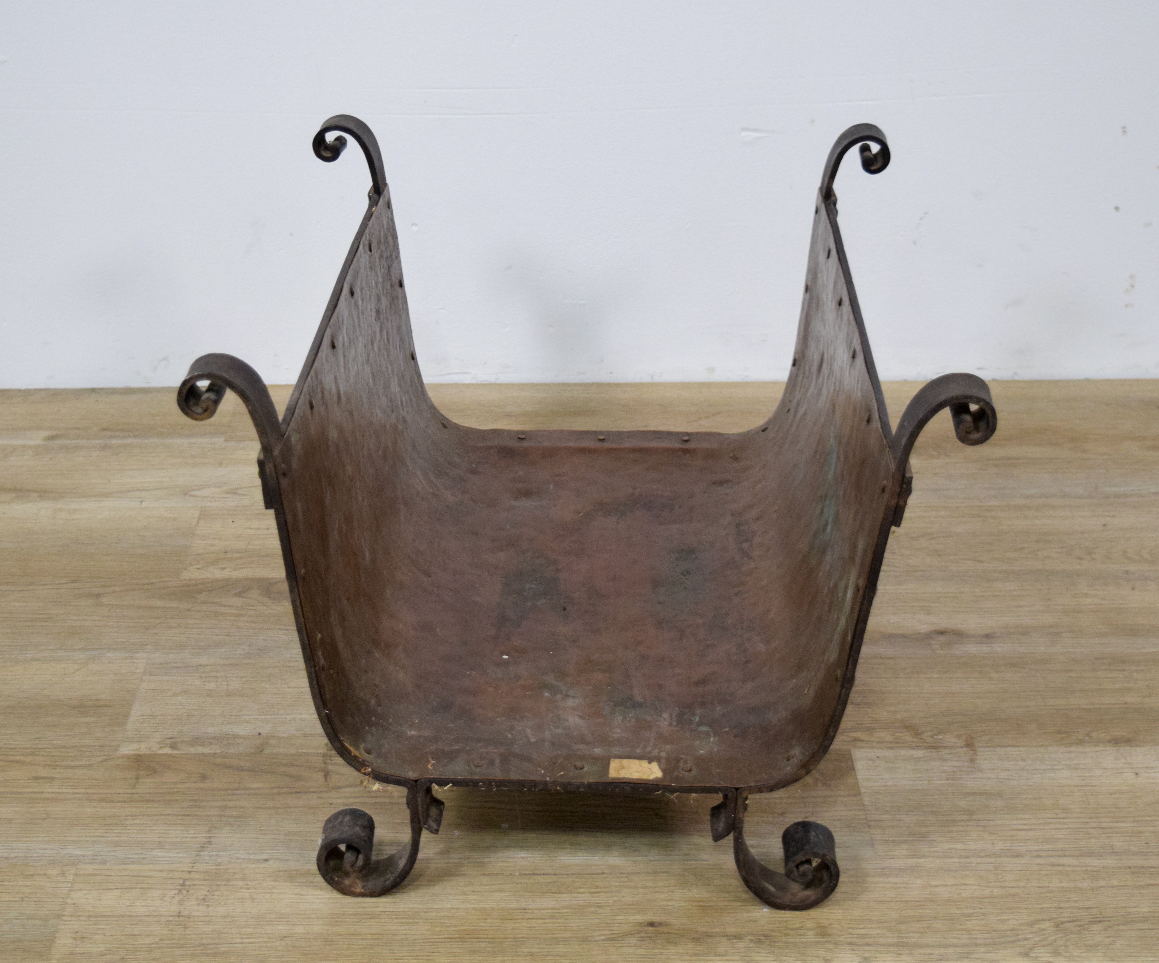 Arts & Crafts Hammered Copper and Wrought Iron Log Holder