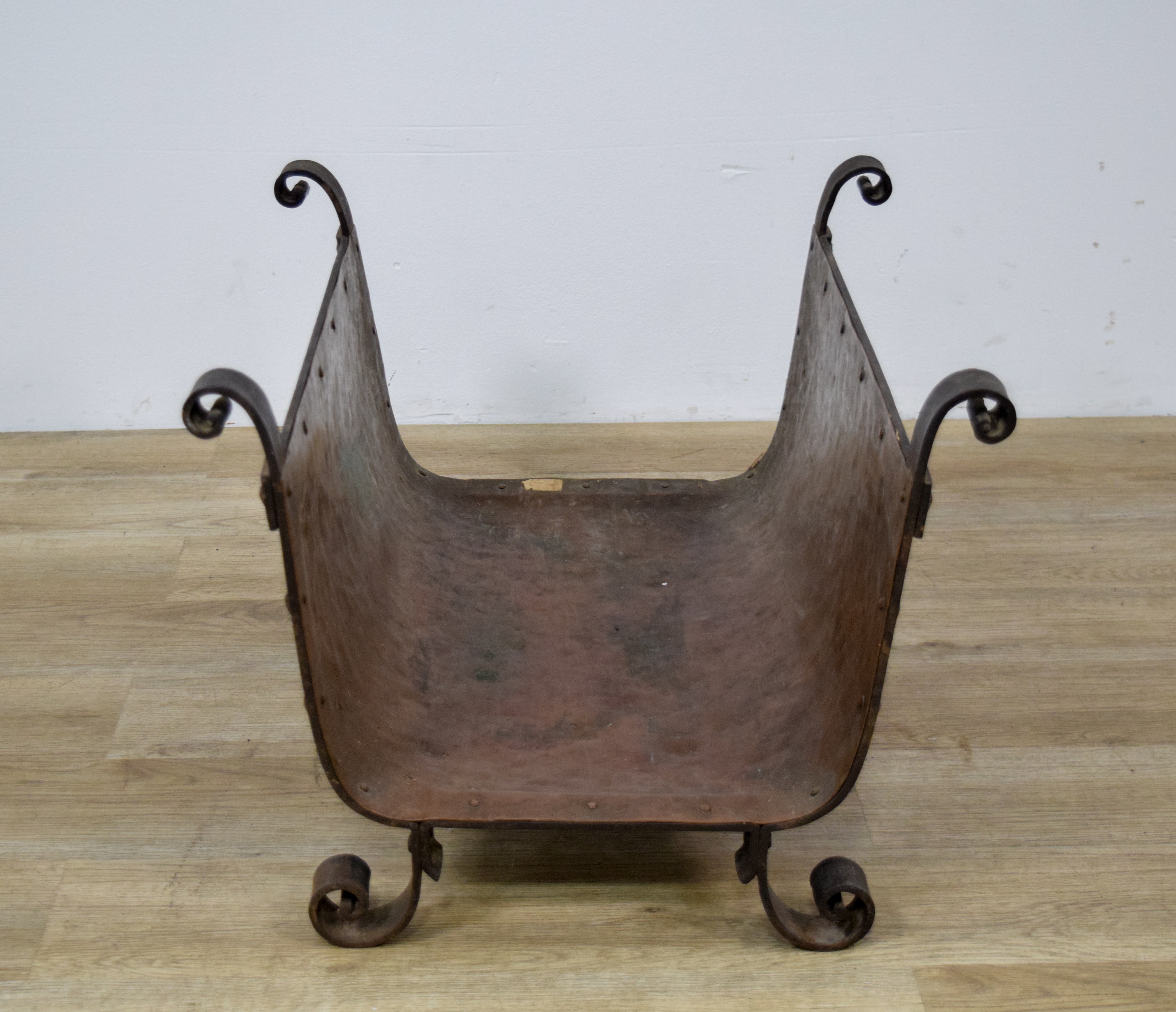 Arts & Crafts Hammered Copper and Wrought Iron Log Holder