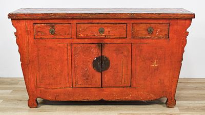Chinese Provincial Style Red Lacquer Wood Credenza. Chinese Provincial style primitive credenza 