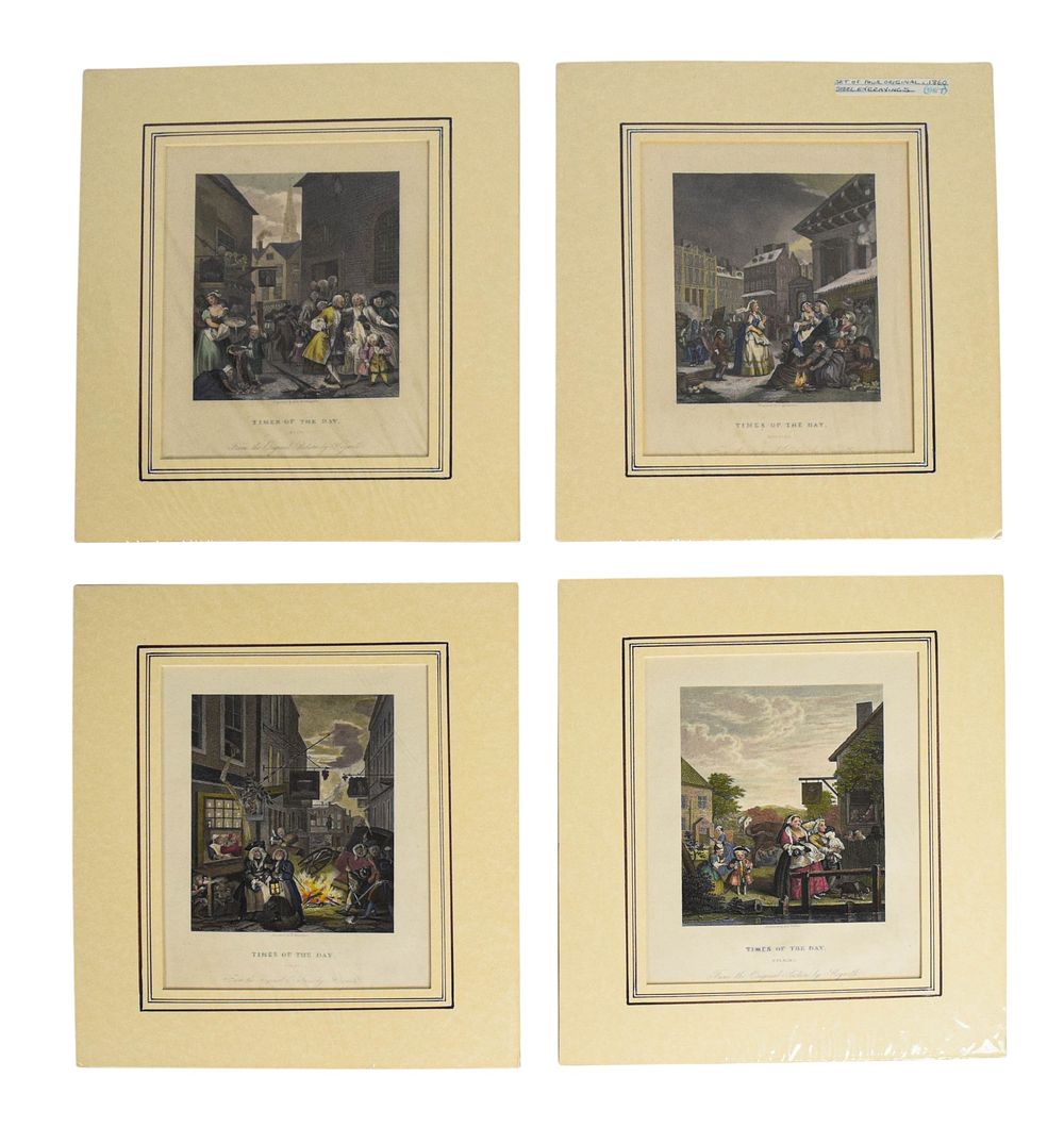 Lot 29: 4 After William Hogarth Hand-Colored Engravings Times of the Day