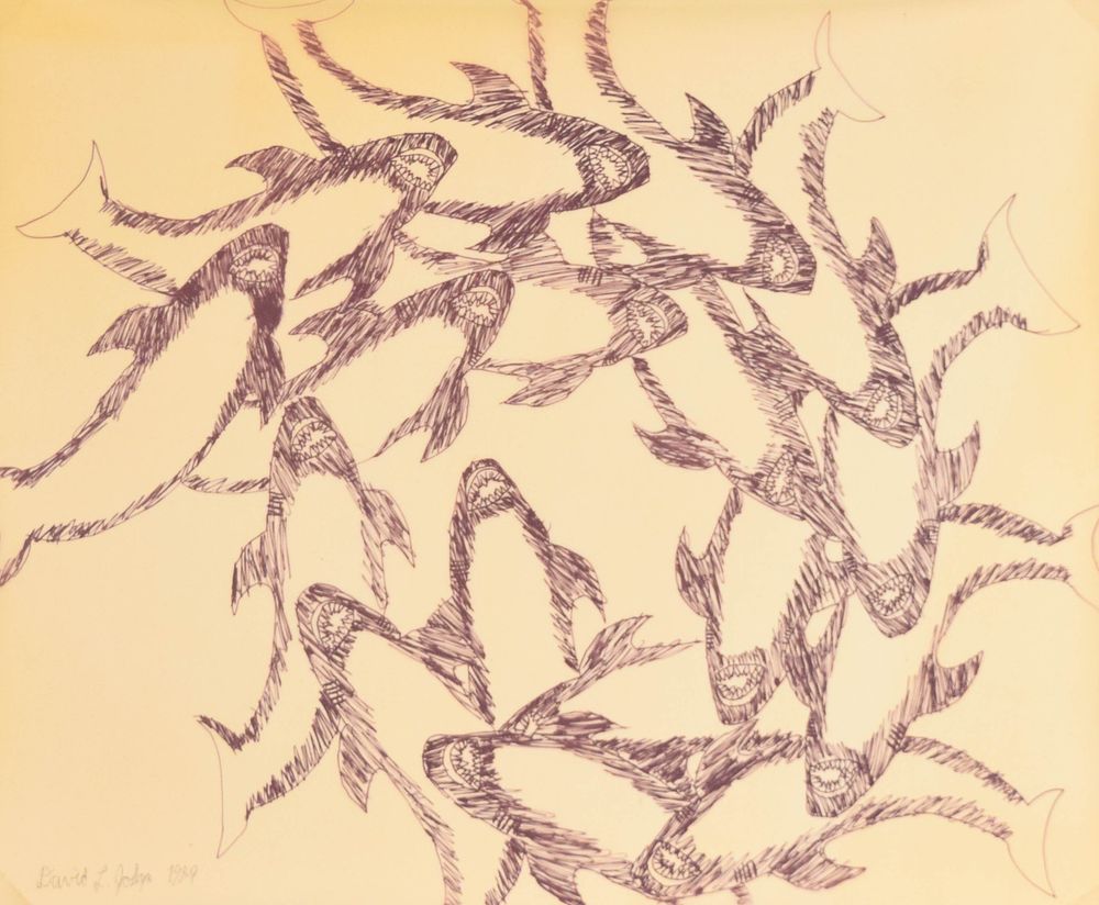 Lot 244: David L. Joslyn Pen and Ink Drawing Sharks