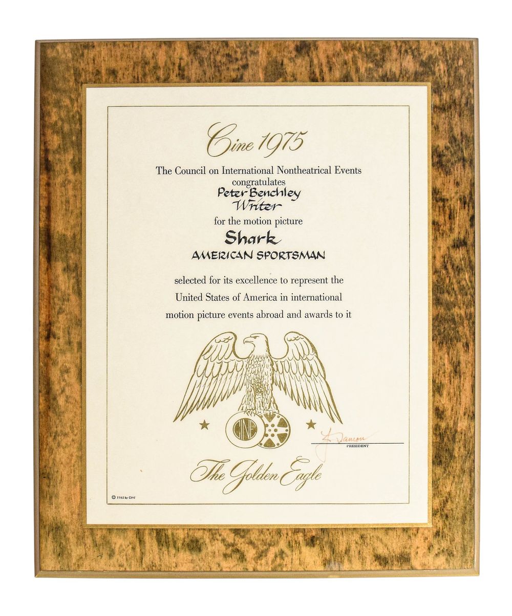 Lot 215: CINE 1975 Peter Benchley Shark Golden Eagle Award Plaque