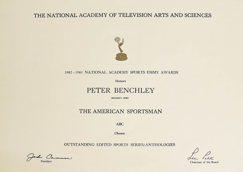 Lot 214: National Academy of Television Arts and Sciences Sports Emmy Award Certificate Peter Benchley
