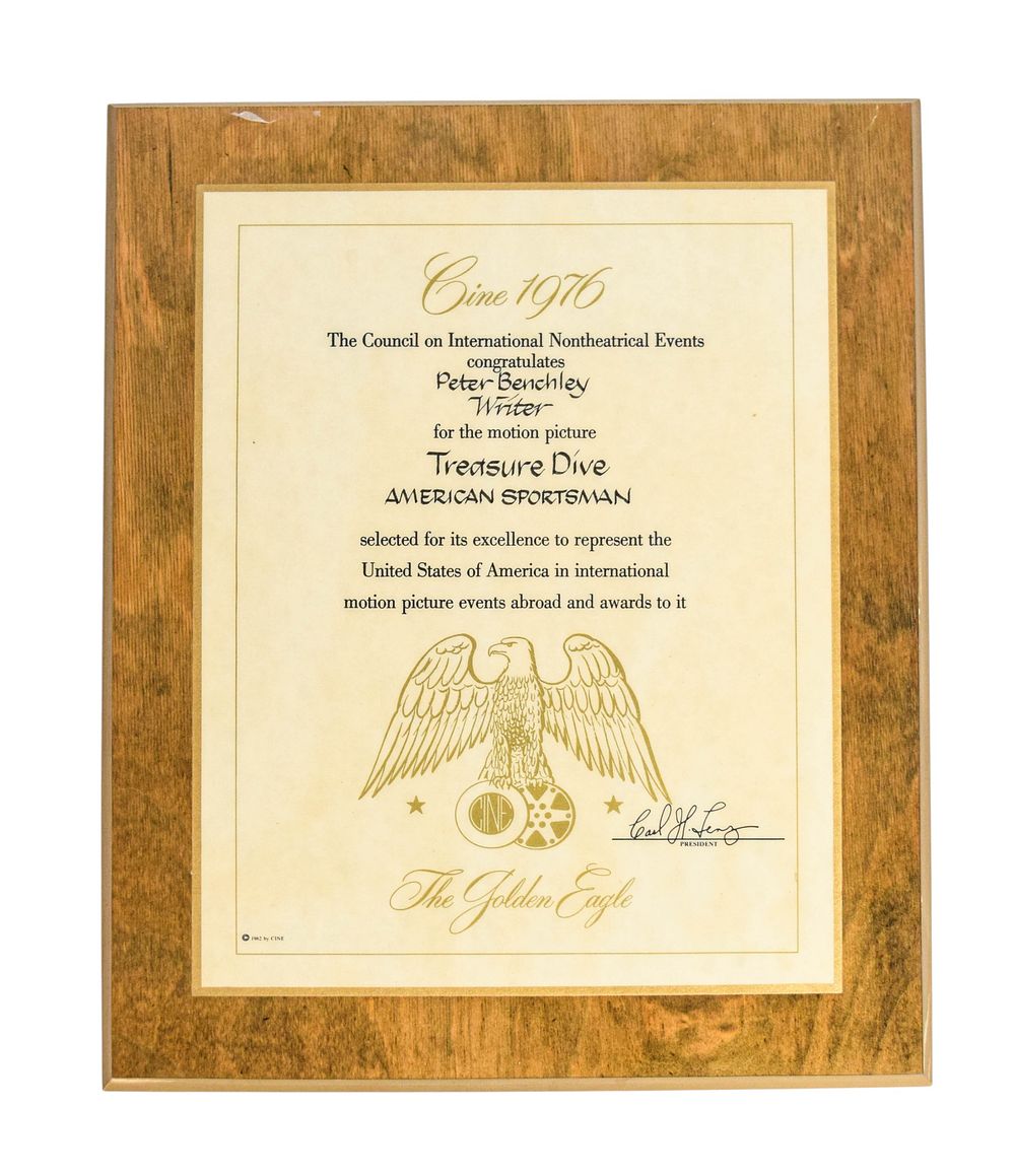 Lot 216: CINE Paper Golden Eagle Award Plaque Peter Benchley Treasure Dive