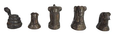 5 Southeast Asian Cast Bronze Elephant and Cobra Weights. Five Southeast Asian cast bronze 