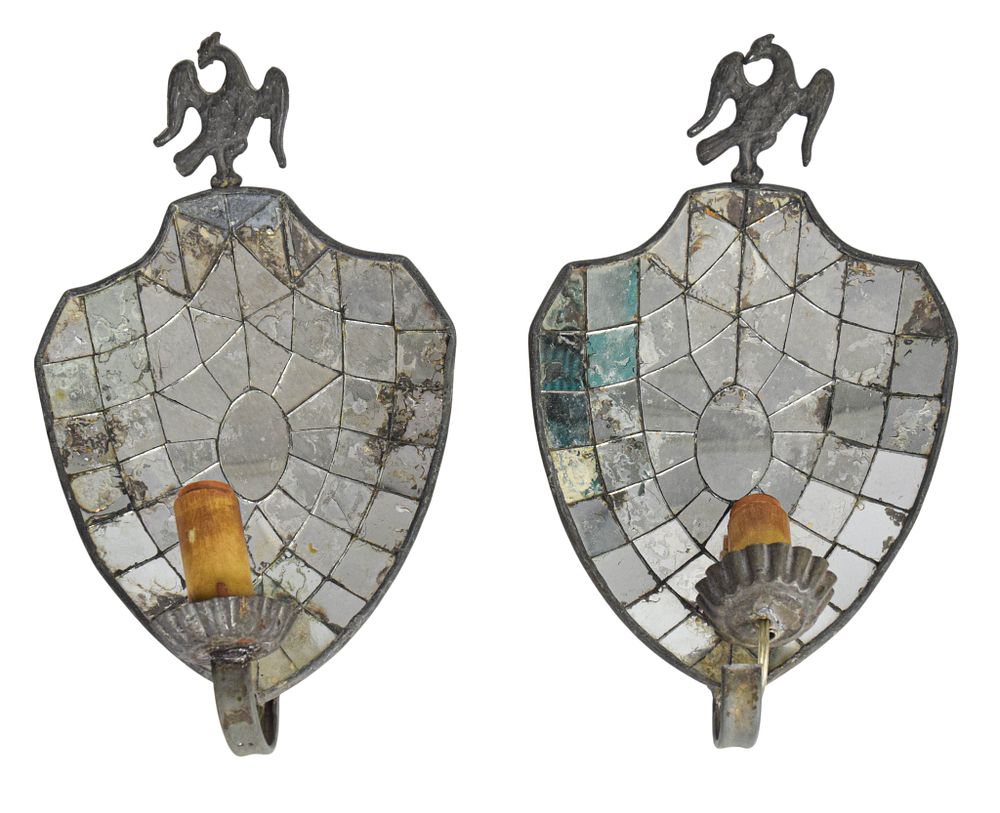 Lot 31: Pair of Federal Style Leaded Mirror and Metal Wall Sconces