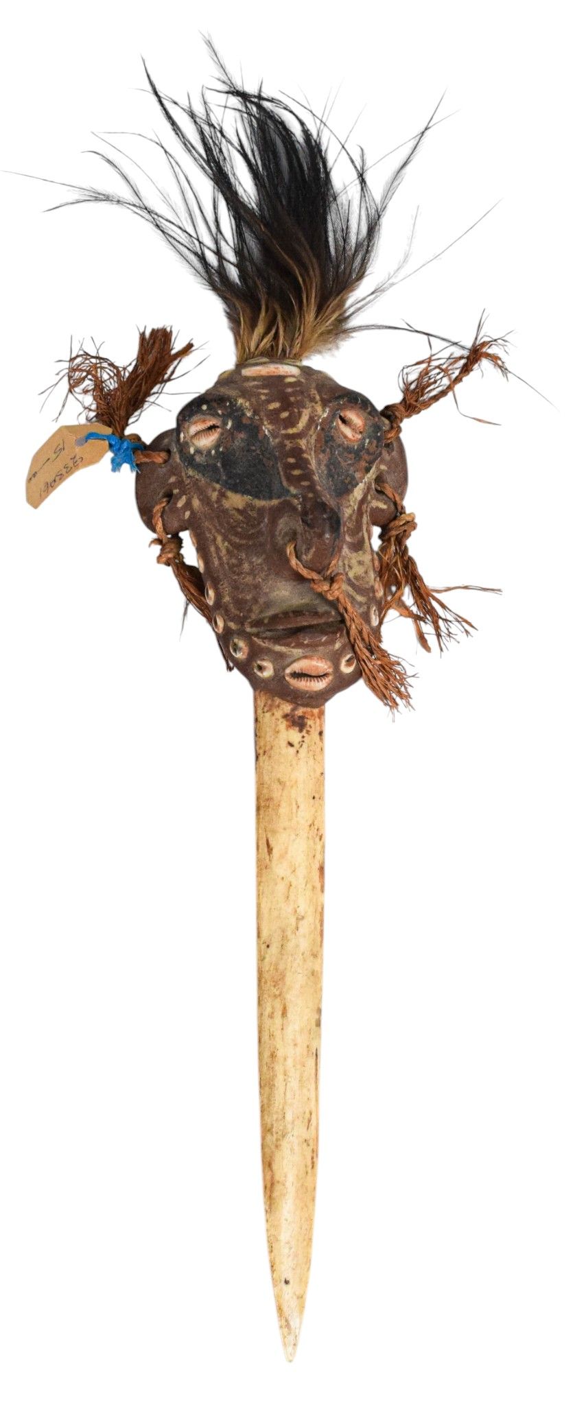 Lot 48: Papua New Guinea Sepik River Cassowary Bone Dagger with Clay Mask Hilt