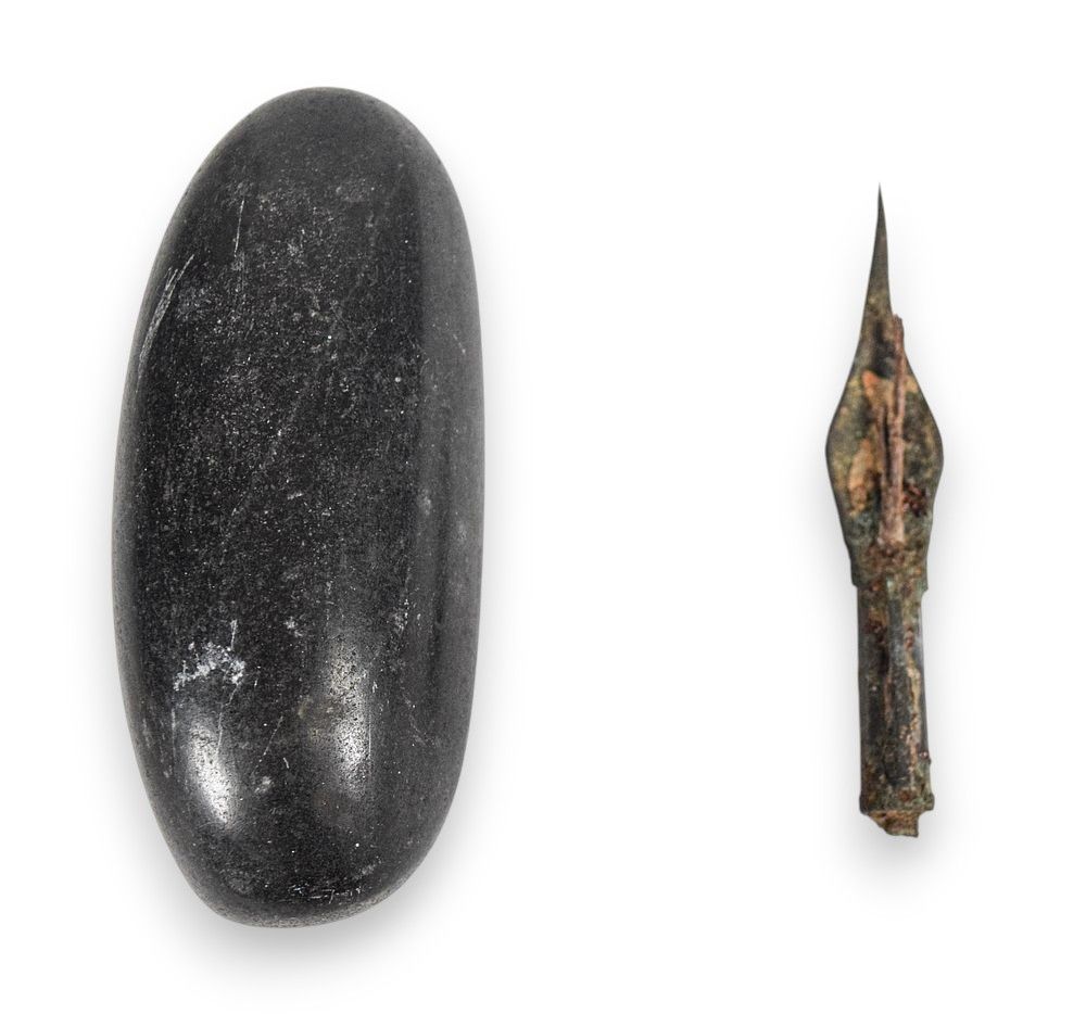 Lot 280: Two Ancient Tools Including a Polished Stone Celt and Bronze Spearhead