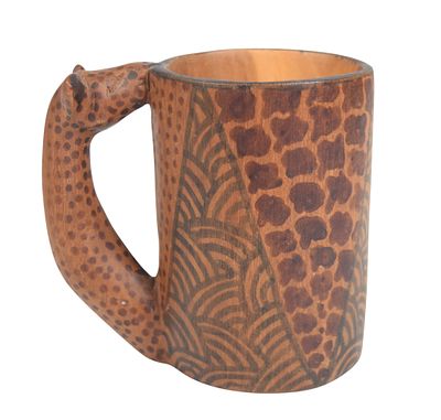 East African Carved Wood Mug with Giraffe Handle. East African carved wood mug, likely Kenya or 