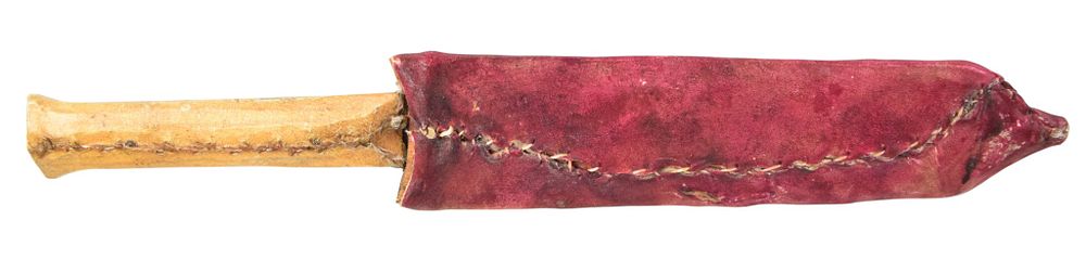 Lot 45: Handmade Fixed Blade Knife with Rawhide Wrap and Red Leather Sheath