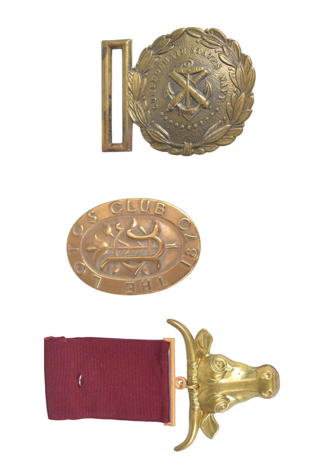 Lot 68: Isaac & Co. Confederate States Navy Belt Buckle and 2 Commemorative Medals