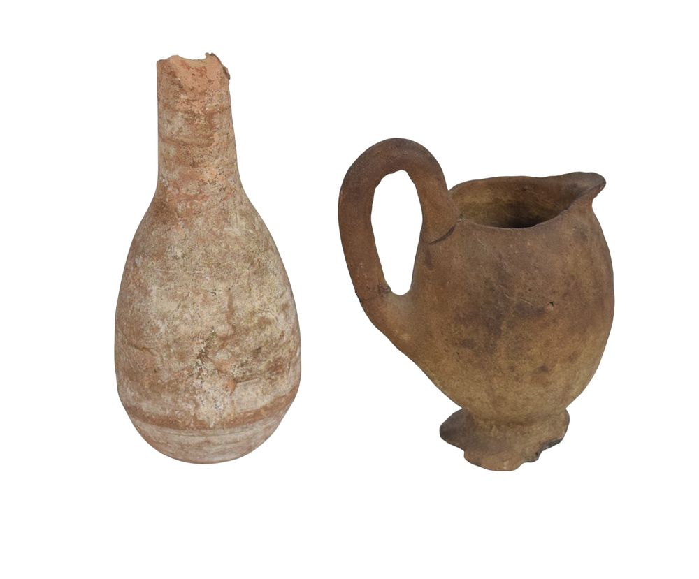 Lot 284: 2 Ancient Terracotta Vessels Including Roman Unguentarium and Levantine Juglet
