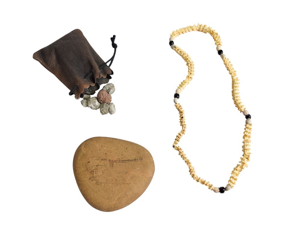 Lot 61: 3 Ethnic Artifacts Including Snake Vertebrae Necklace and Stone Grinding Tool