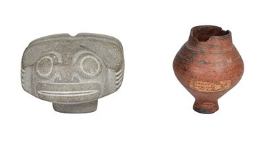 Marquesan Carved Volcanic Stone Tiki and Terracotta Pedestal Vessel. A pair of ethnographic 